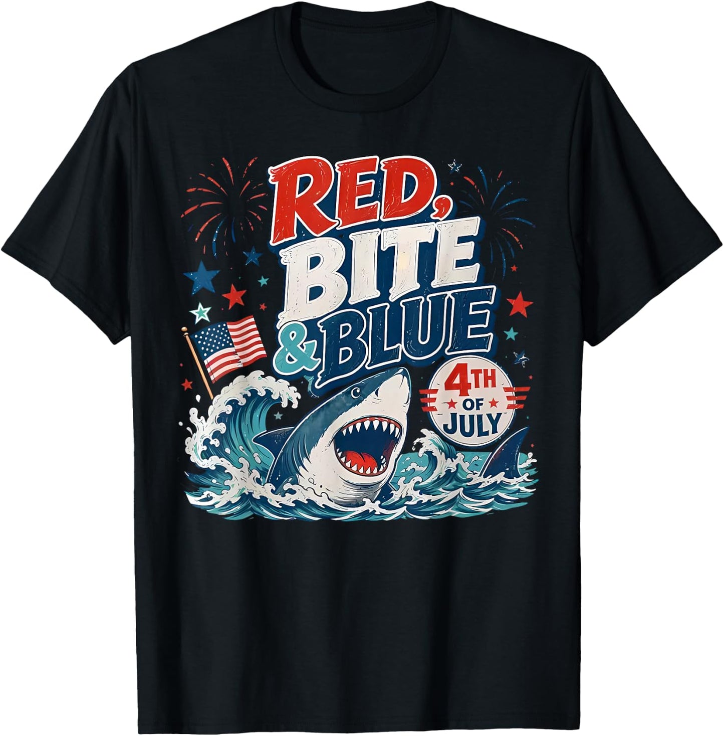 Red Bite & Blue Shark Funny 4th of July Patriotic Summer T-Shirt - T-Shirt | Black