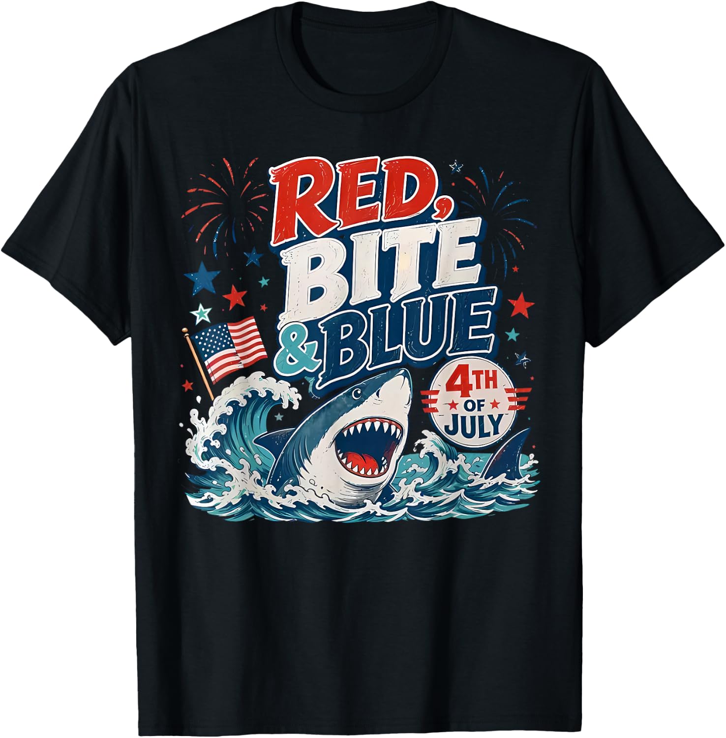 Red Bite & Blue Shark Funny 4th of July Patriotic Summer T-Shirt - T-Shirt | Black