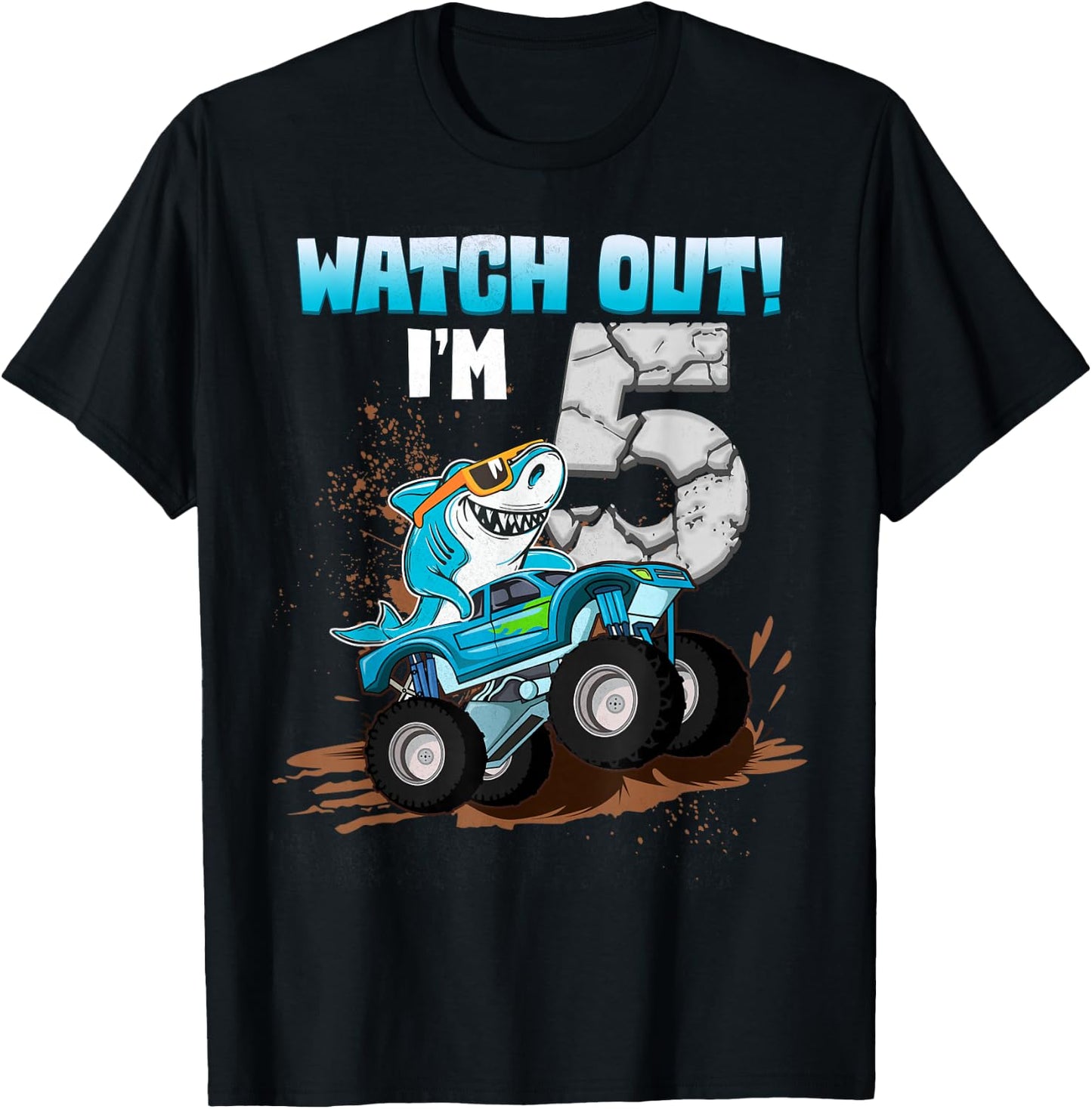 5 Years Old 5th Birthday Shark Boy Girl Monster Truck Gamer T-Shirt - T-Shirt | Black
