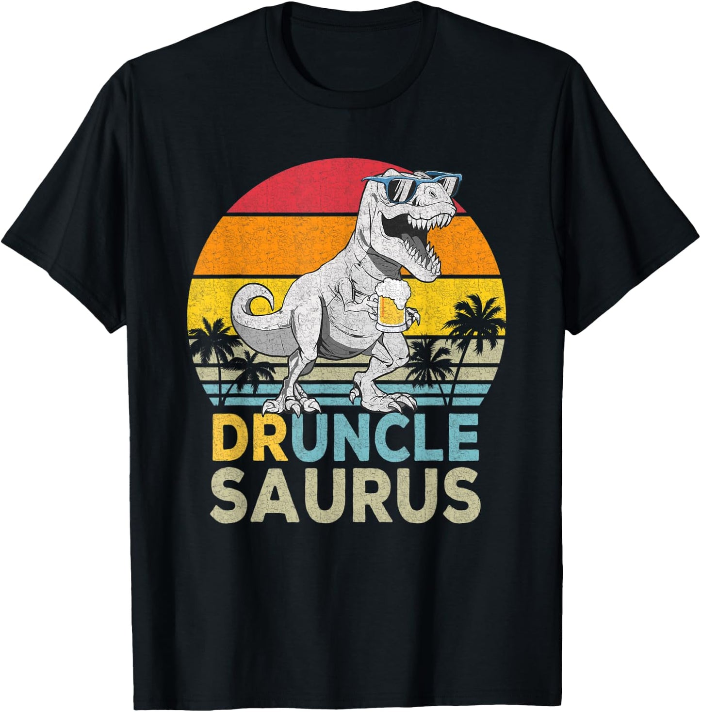 Drunclesaurus T Rex Dinosaur Funny Drunk Uncle Saurus Retro T-Shirt - T-Shirt | Black