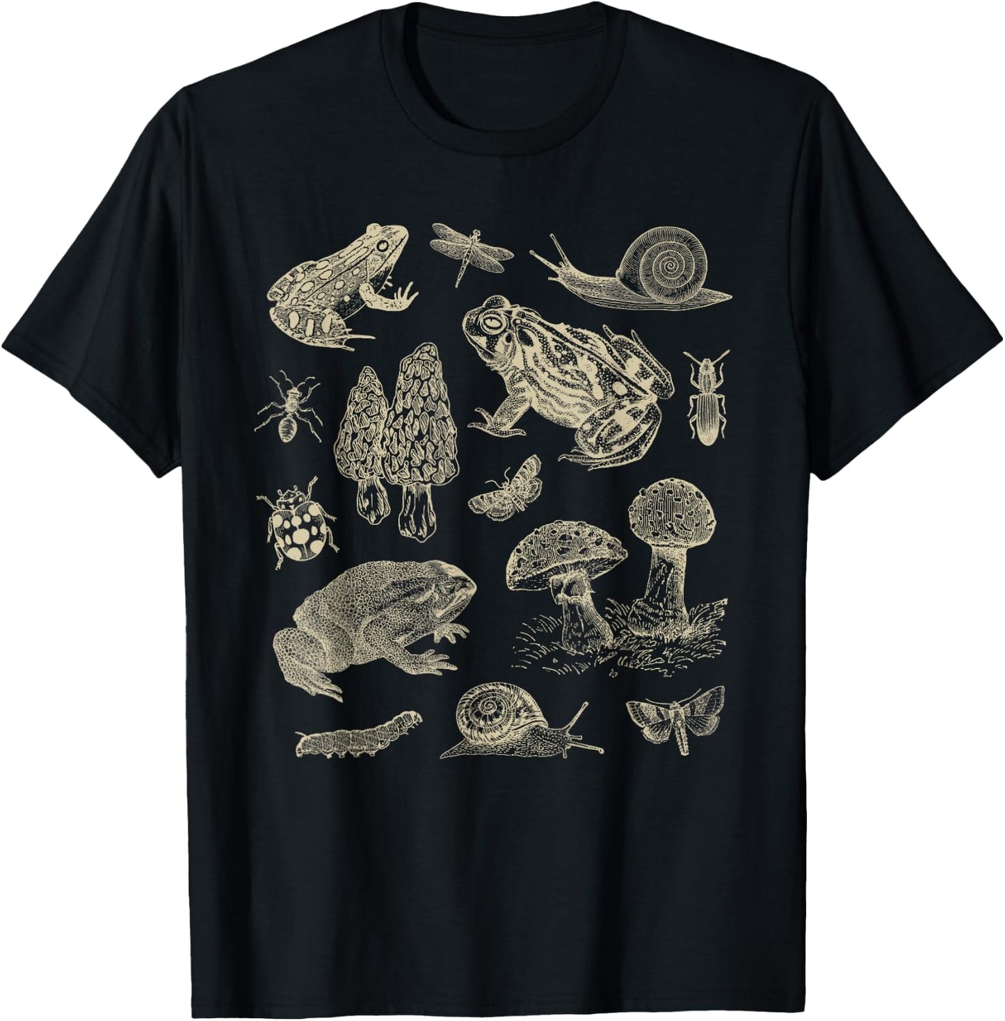 Frog Mushroom 90s Vintage Dark Academia Aesthetic Biology T-Shirt - T-Shirt | Black