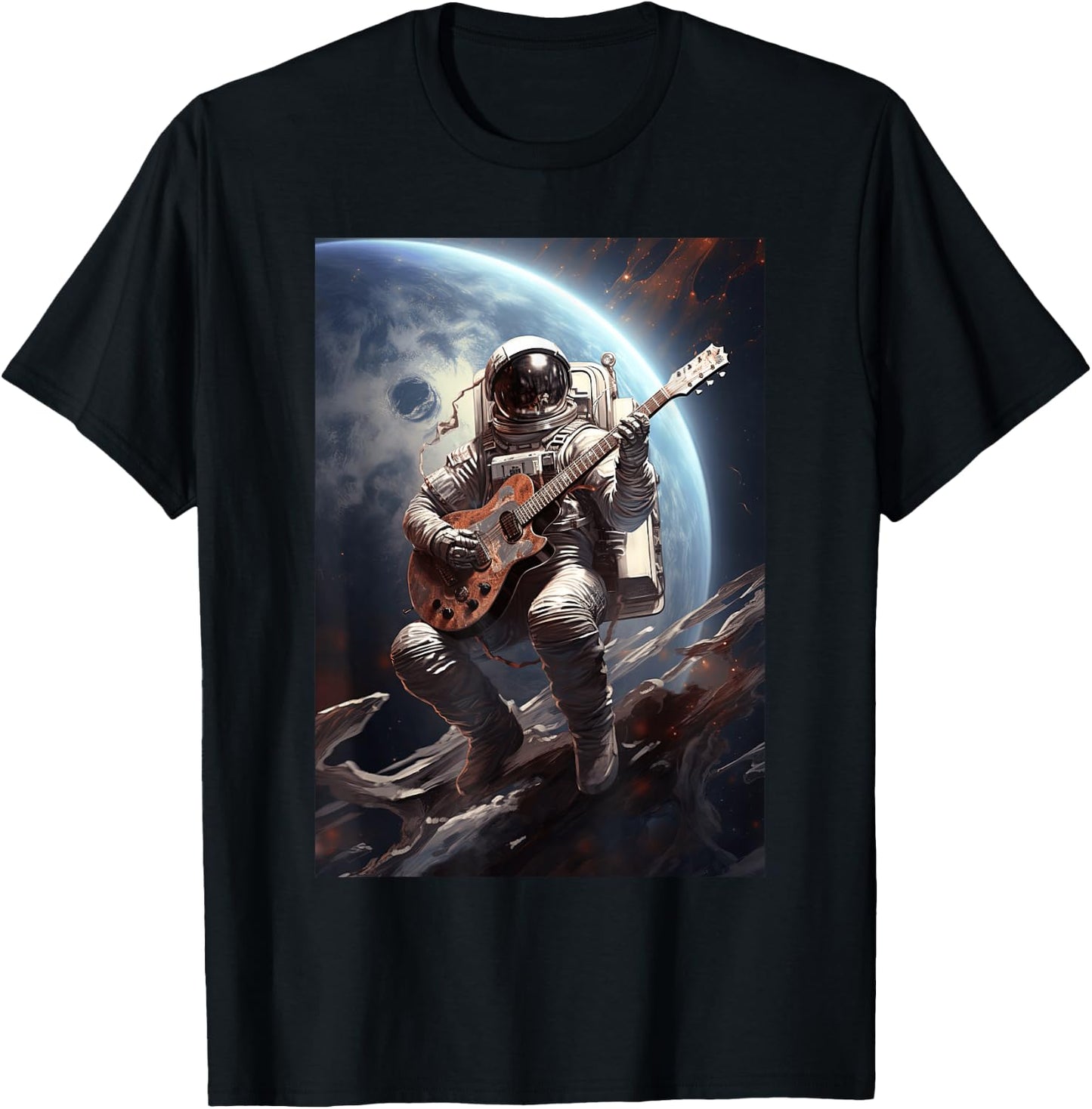 Astronaut Playing Guitar With A Space With Spaceship T-Shirt - T-Shirt | Black