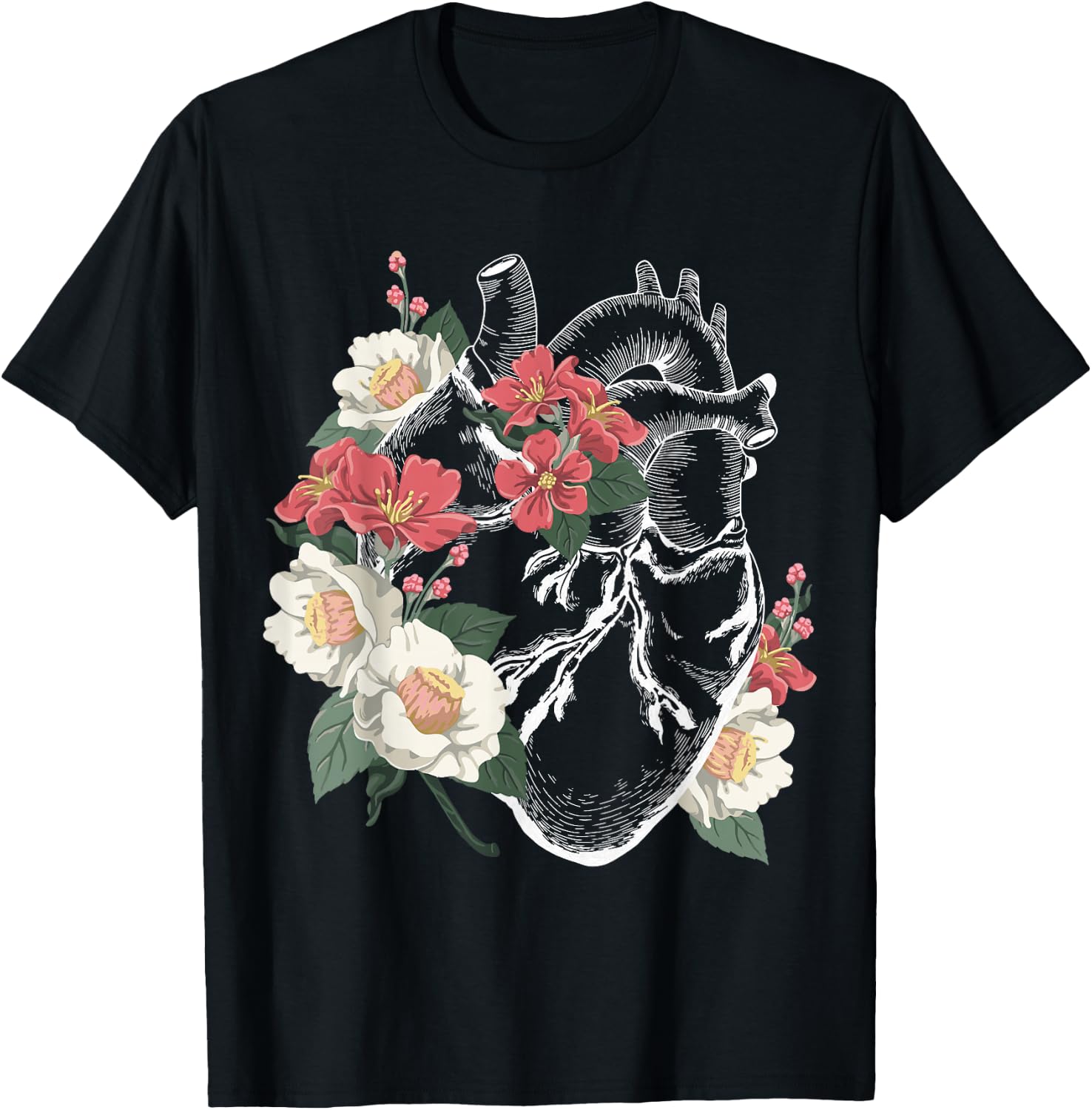 Anatomical Heart Shirt Floral Organ Cardiology Cardiac Nurse T-Shirt - T-Shirt | Black