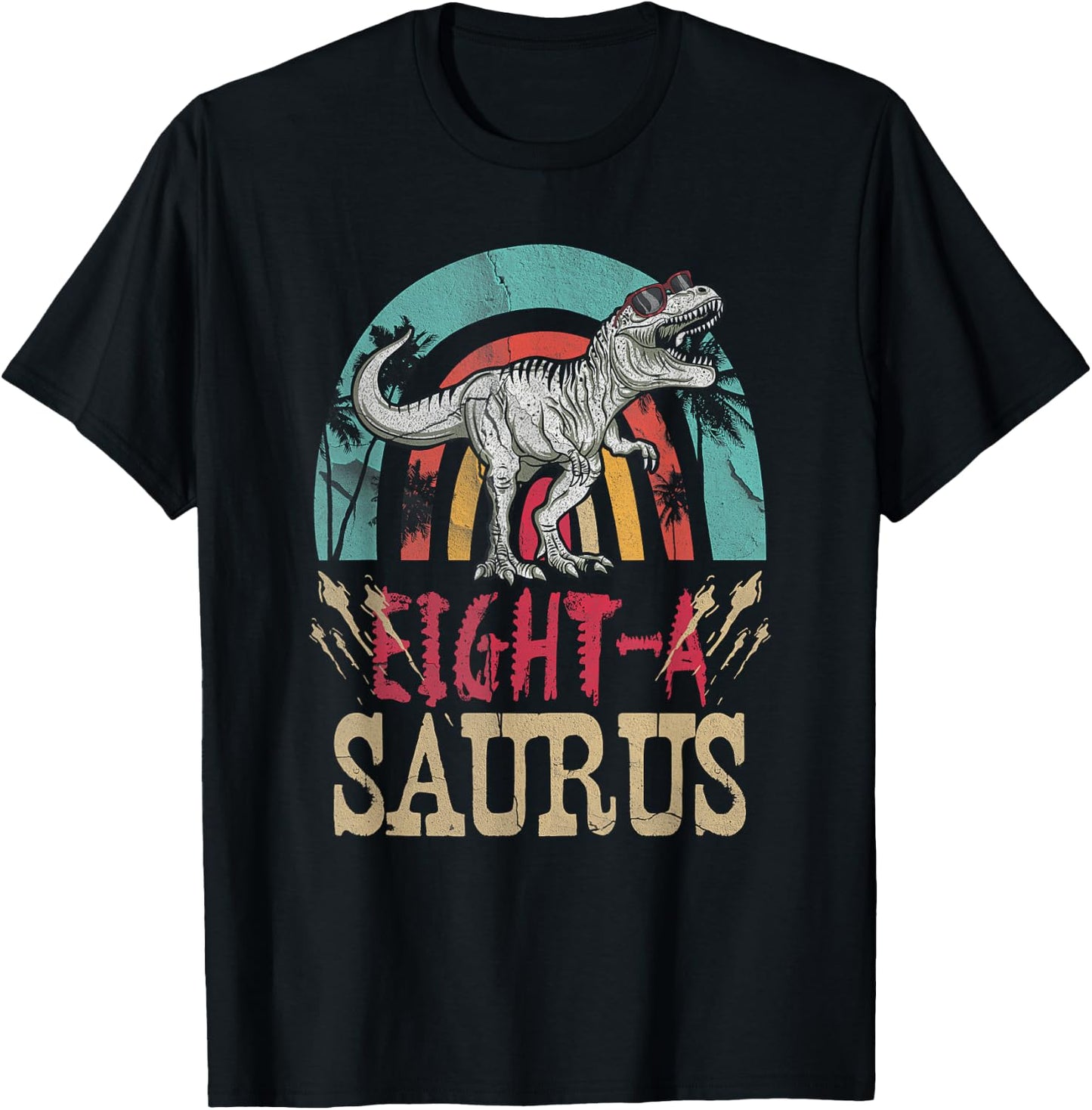 Kid 8 Year Old Dinosaur Birthday 8th T Rex Dino Eight Saurus T-Shirt - T-Shirt | Black