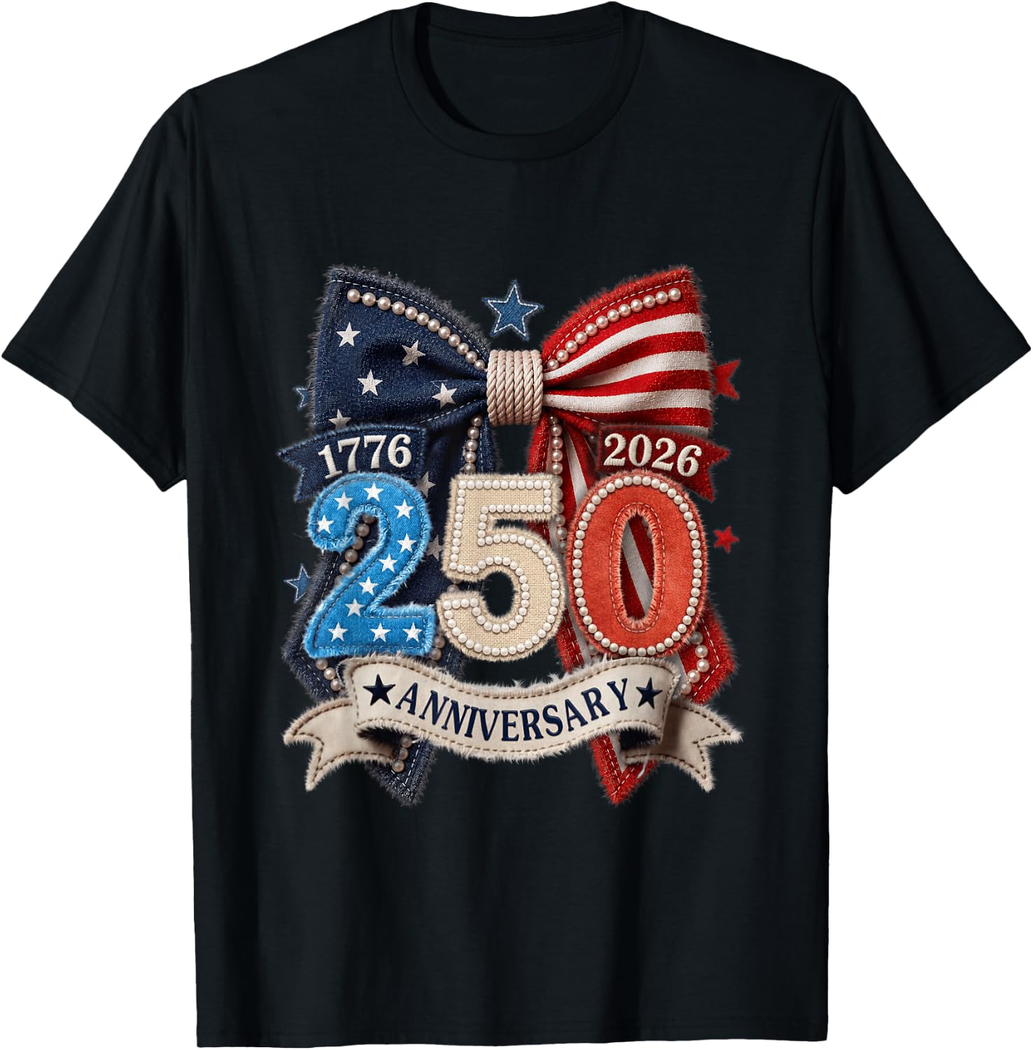 American Flag Bow 250th Anniversary Patriotic Women Pride T-Shirt - T-Shirt | Black