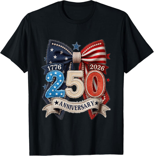 American Flag Bow 250th Anniversary Patriotic Women Pride T-Shirt - T-Shirt | Black