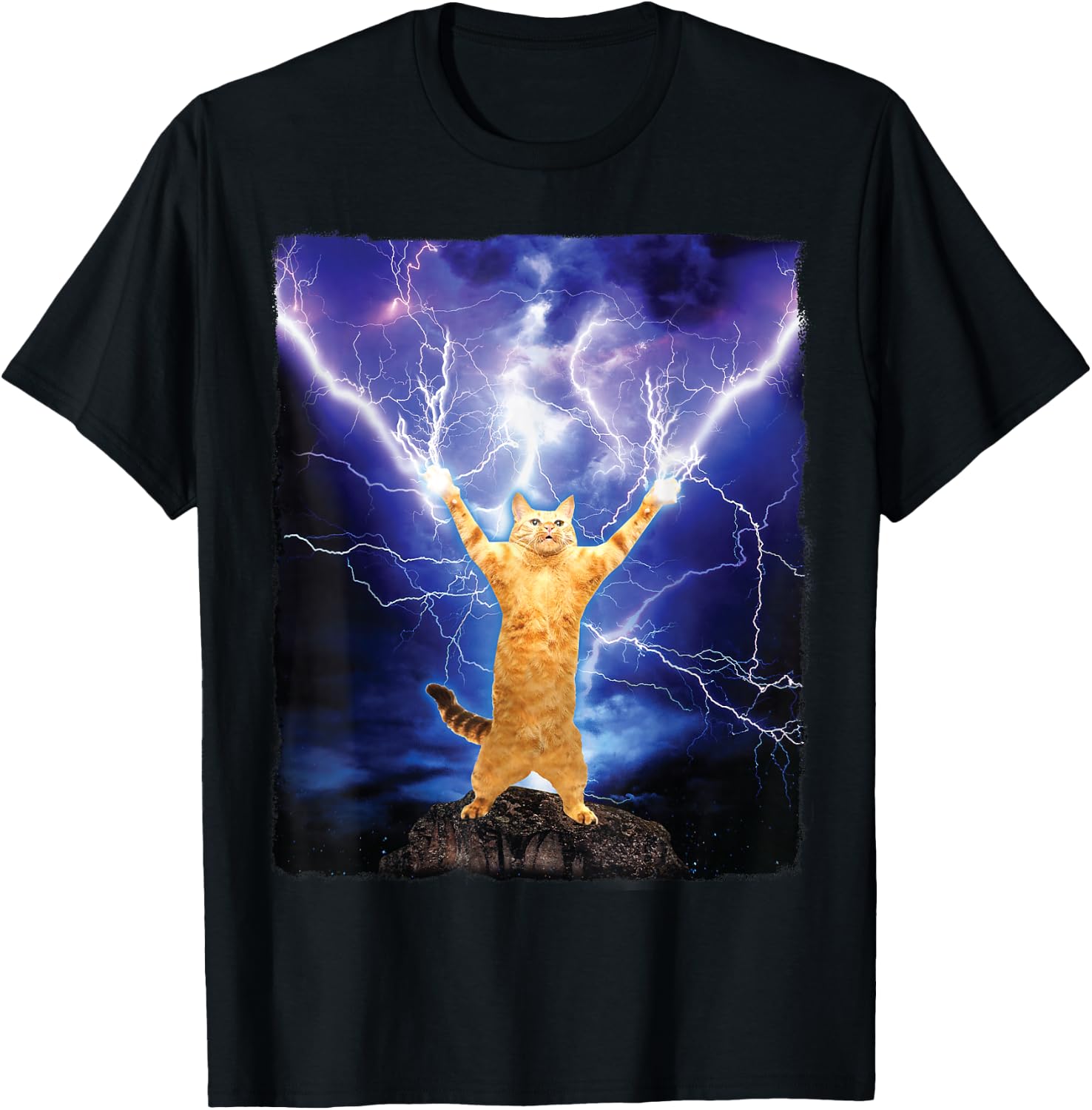 Cat Merch Funny Cat Lightning Thunderbolt On Mountain T-Shirt - T-Shirt | Black