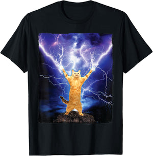 Cat Merch Funny Cat Lightning Thunderbolt On Mountain T-Shirt - T-Shirt | Black