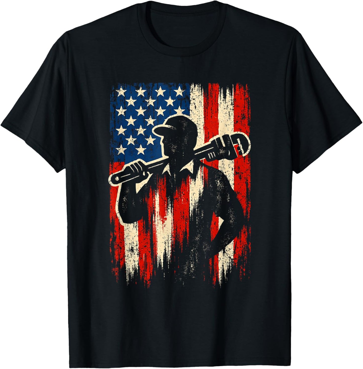 American Flag Plumber Pipefitter Silhouette Pipe Wrench T-Shirt - T-Shirt | Black