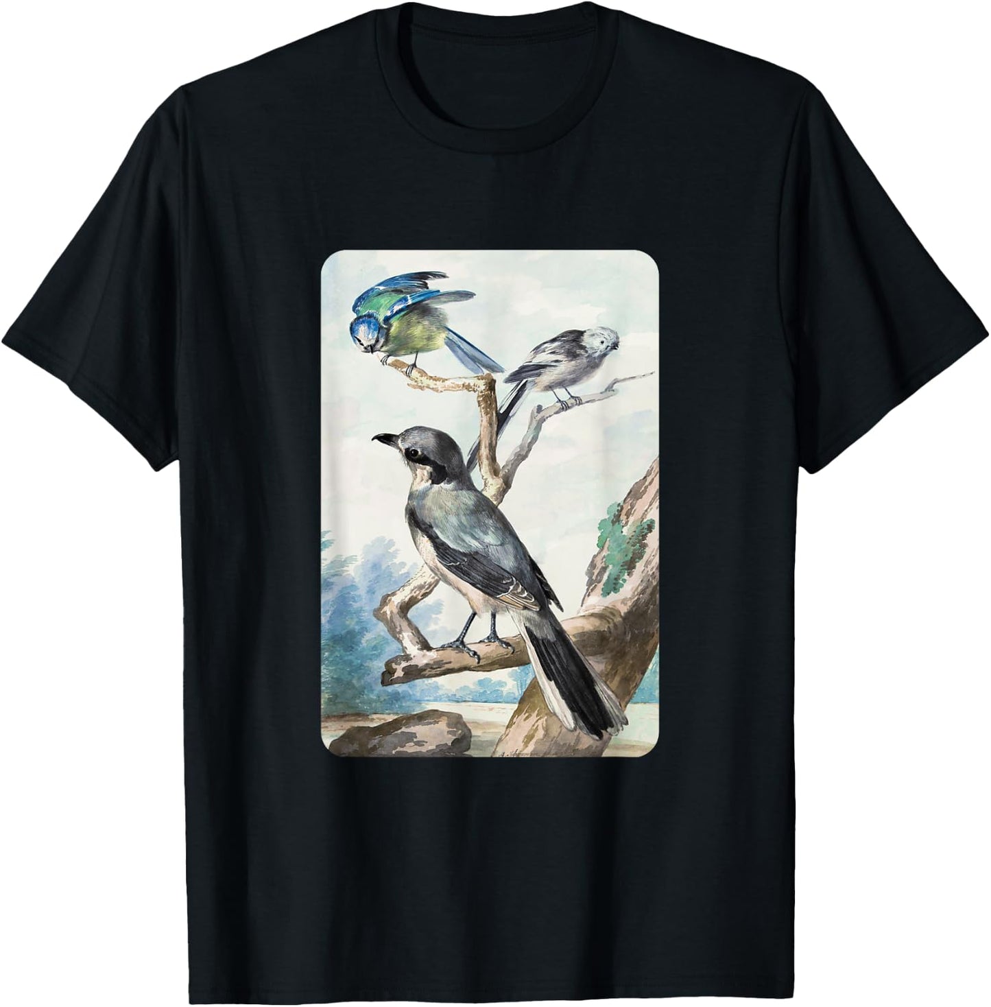Long-tailed Tit Blue Tit and Great Shrike By Aert Schouman T-Shirt - T-Shirt | Black