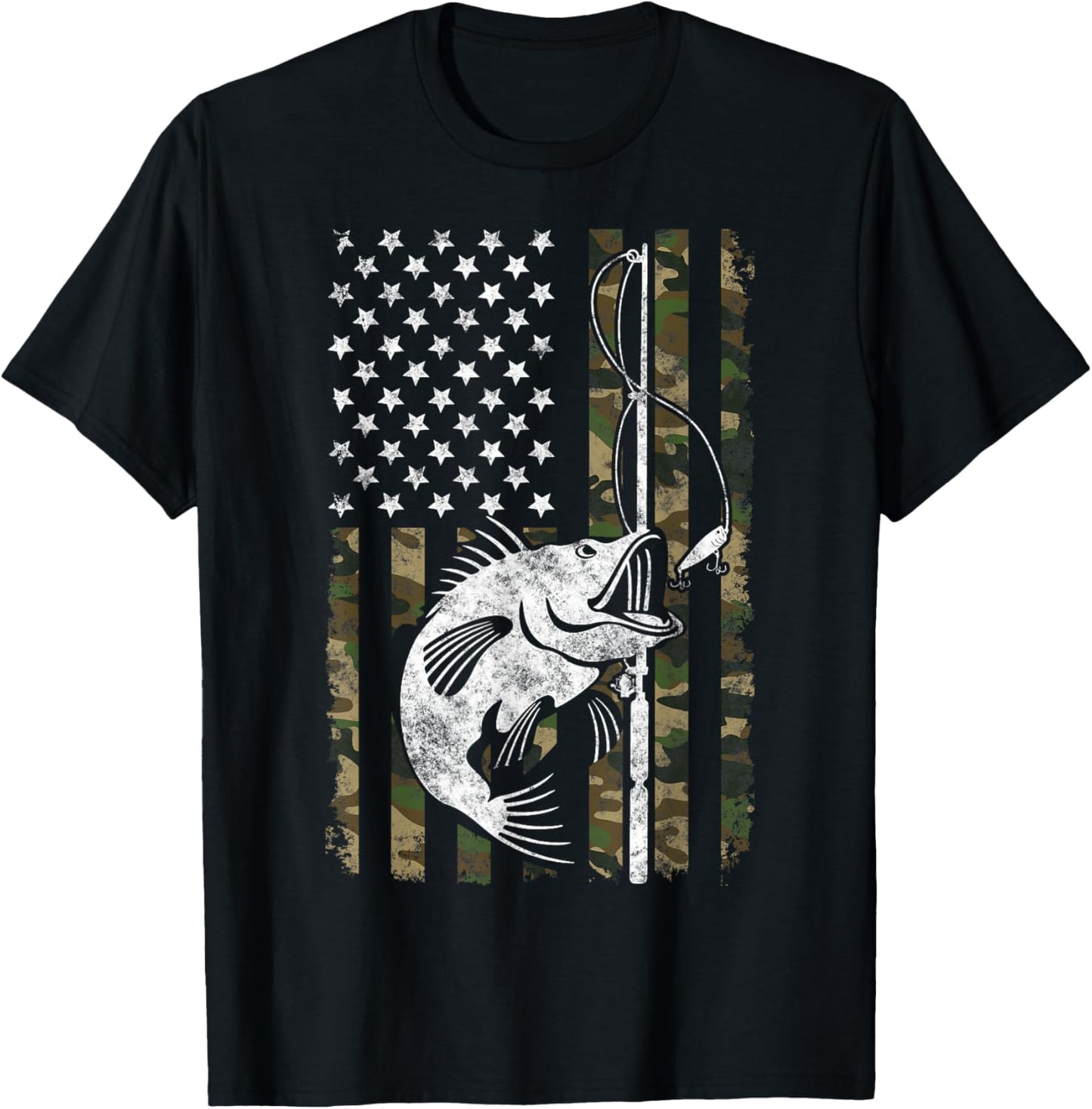 Camouflage American Flag Bass Fishing Gift Fisherman T-Shirt - T-Shirt | Black