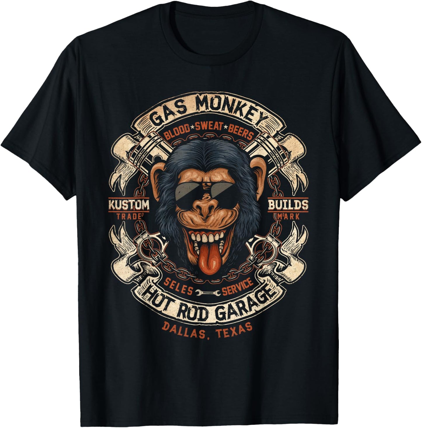 Monkey Gas Crossed Pistons Ribbon Logo Small T-Shirt - T-Shirt | Black