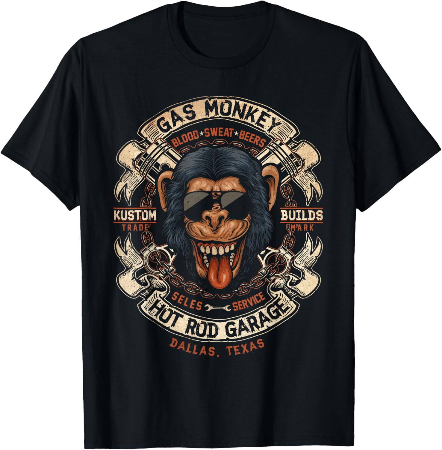 Monkey Gas Crossed Pistons Ribbon Logo Small T-Shirt - T-Shirt | Black