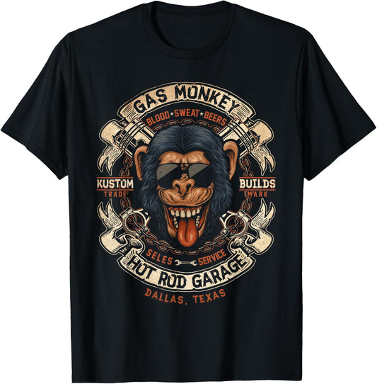 Monkey Gas Crossed Pistons Ribbon Logo Small T-Shirt - T-Shirt | Black