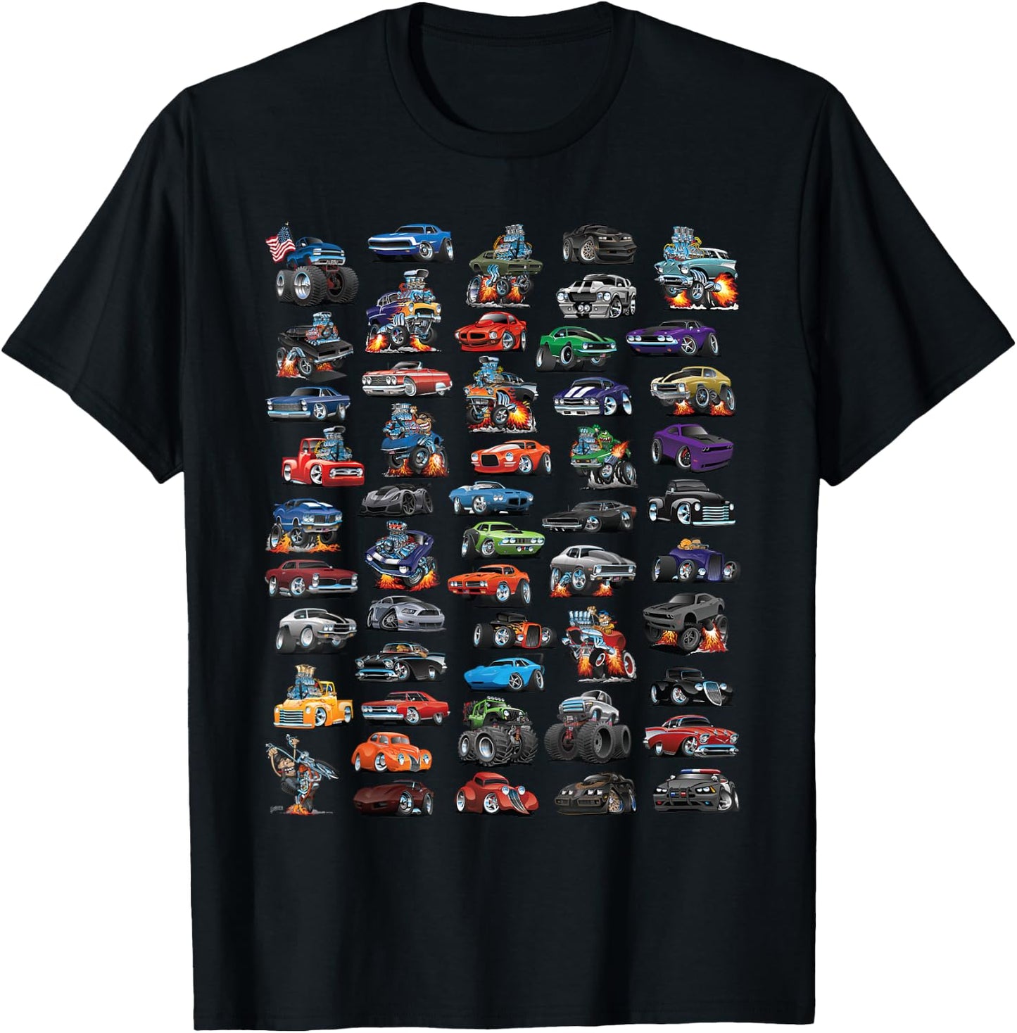 Classic Hotrod Muscle Car Street Rod and Truck Cartoon Art T-Shirt - T-Shirt | Black