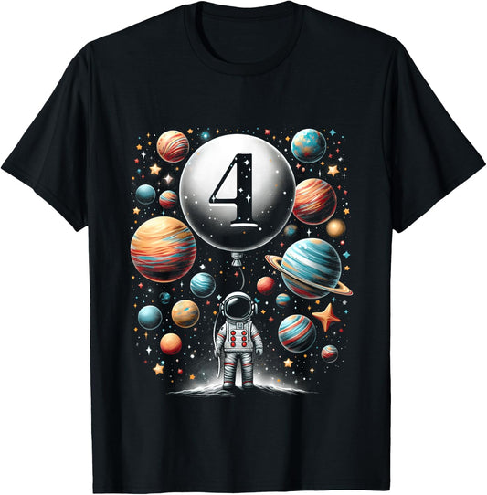 Kids Four 4 Year Old Astronauts 4th Birthday Boys Space Geeks T-Shirt - T-Shirt | Black