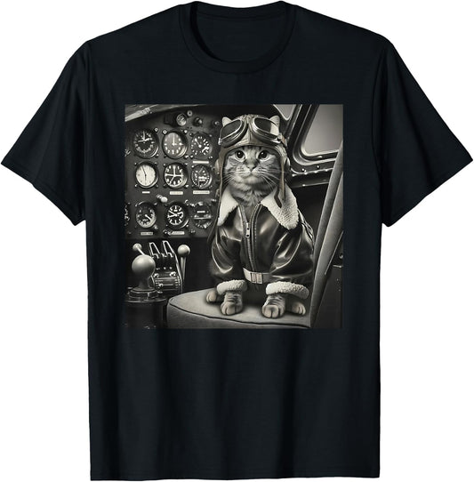 Vintage Cat Pilot - Cat pilots a cool fighter plane. T-Shirt - T-Shirt | Black
