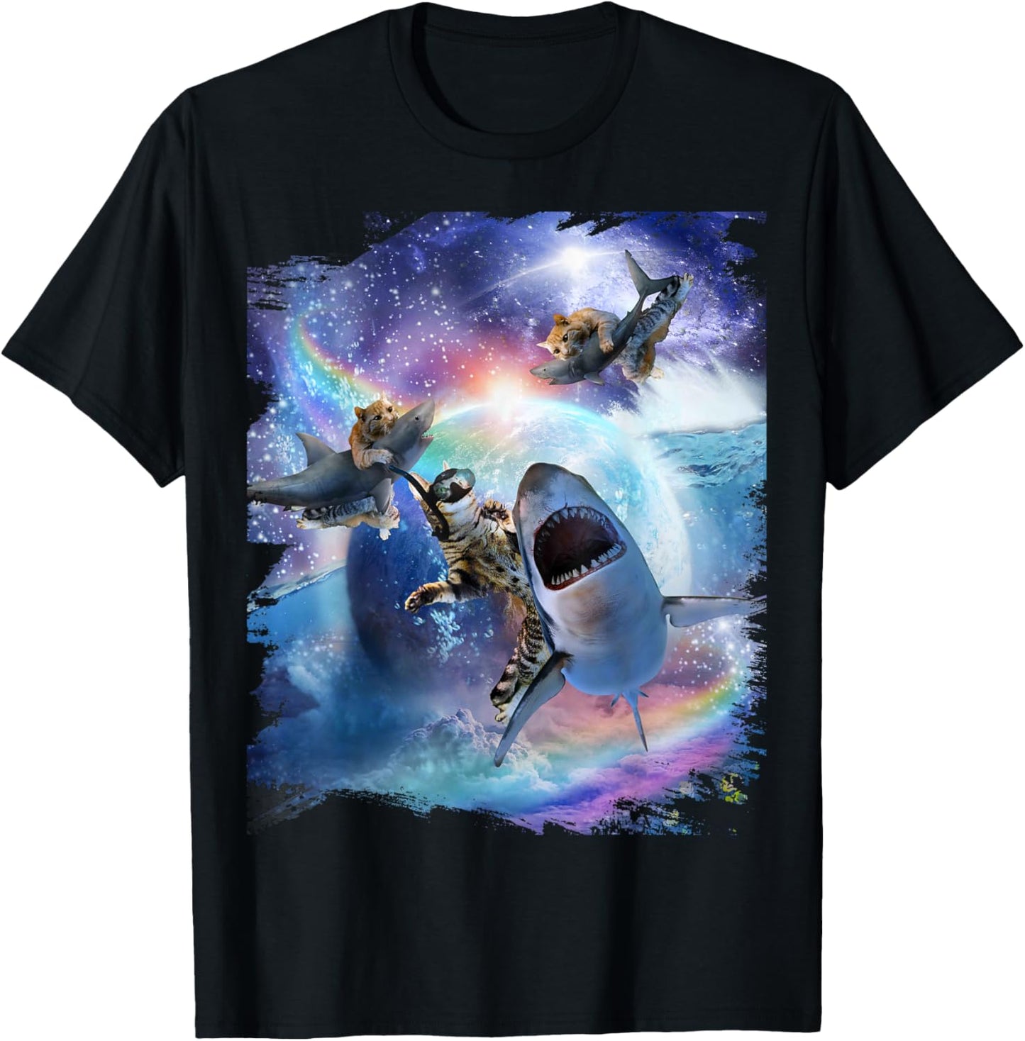 Rainbow Galaxy Cat Riding Shark in Space T-Shirt - T-Shirt | Black