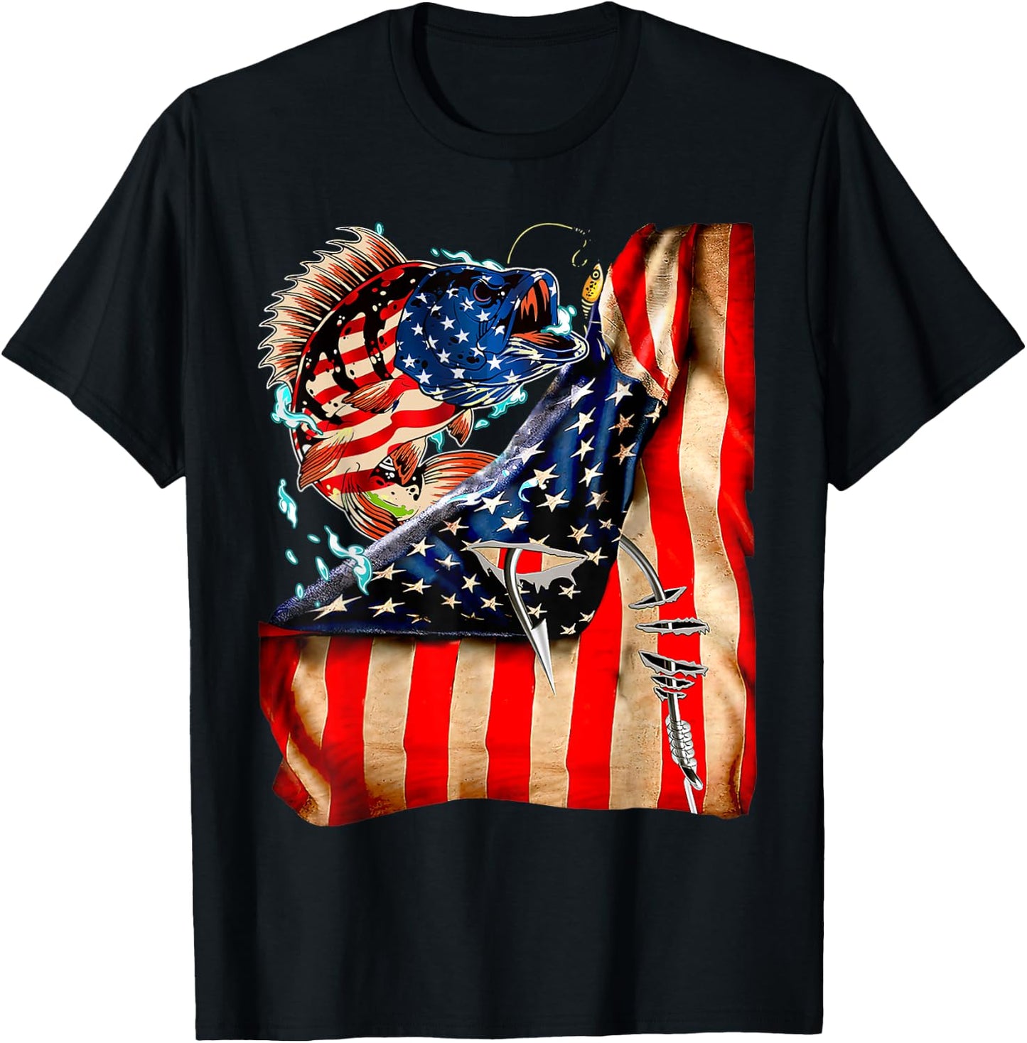 FUNNY 4th of JULY FISHING Fish American Flag ON BACK 98 T-Shirt - T-Shirt | Black