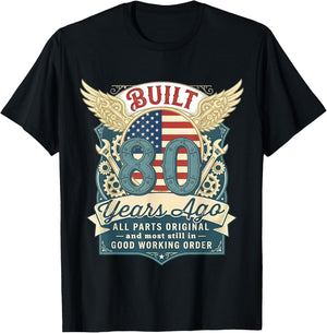 Vintage Built 80 Years Ago Funny 80th Birthday USA Flag T-Shirt - T-Shirt | Black