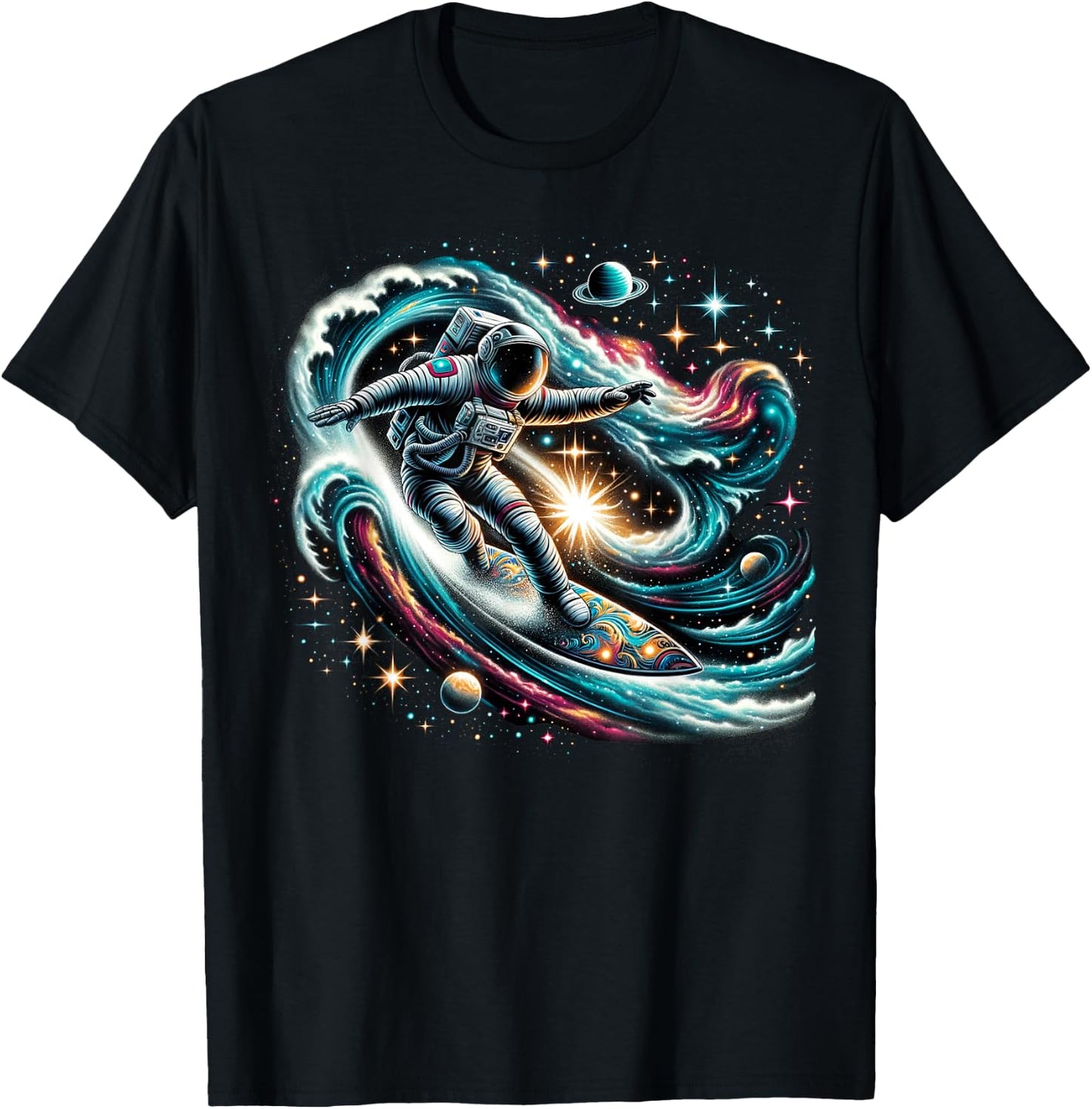 Funny Space Surfing Astronaut on Surfer T-Shirt - T-Shirt | Black