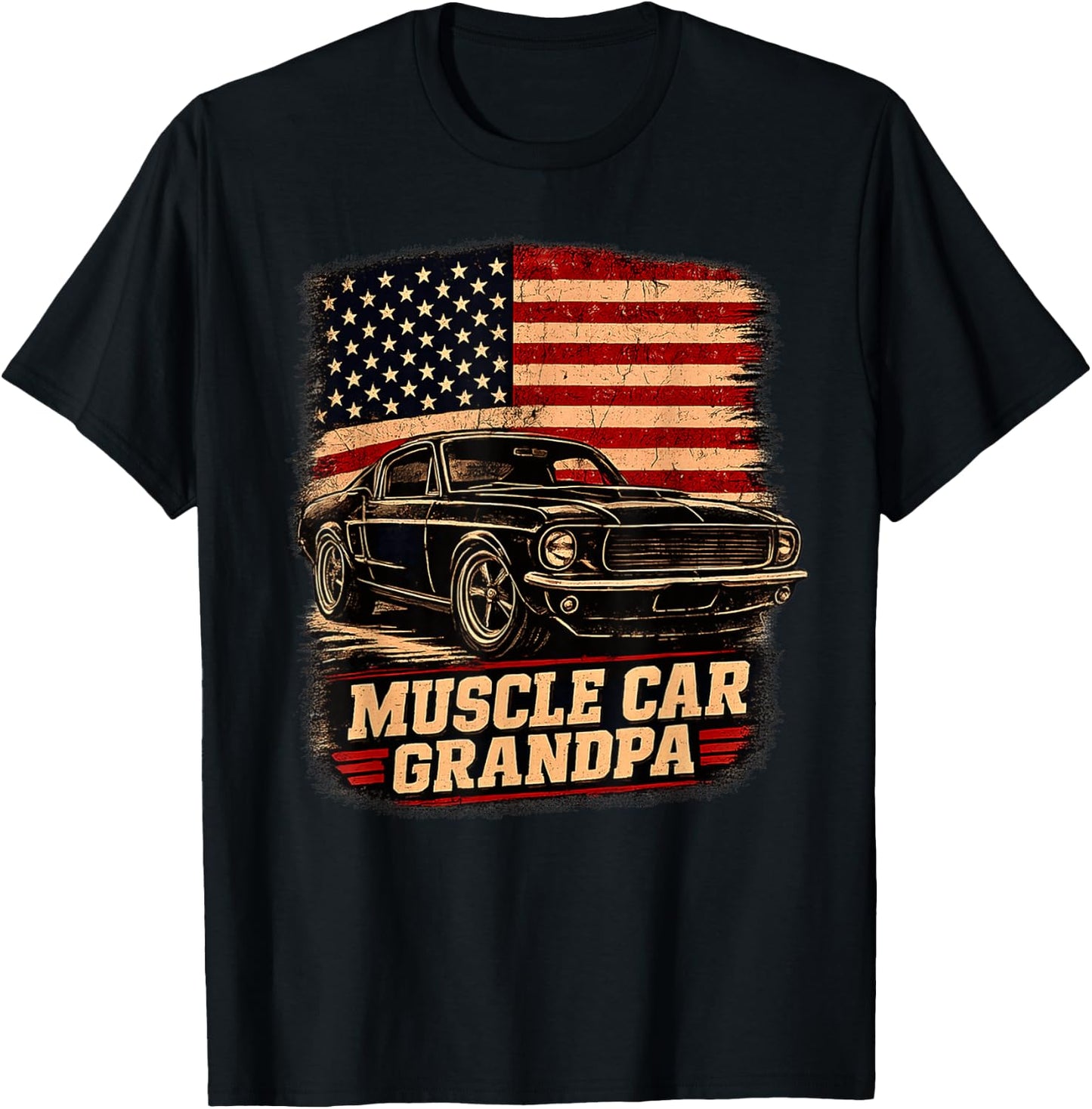 Muscle Car Grandpa Classic Car Vintage USA Flag Patriotic T-Shirt - T-Shirt | Black