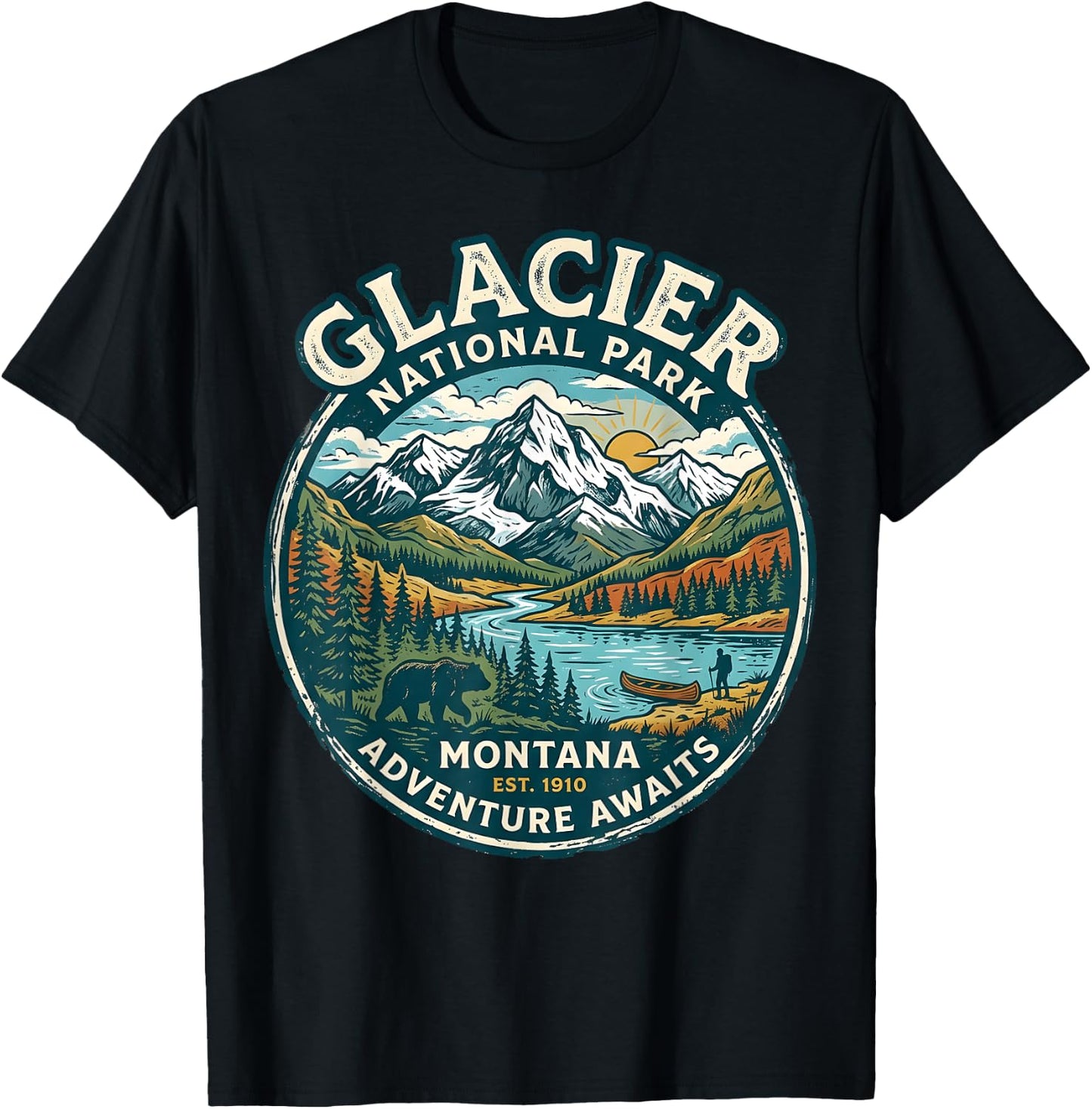 Glacier National Park Montana Retro Nature Adventure Badge T-Shirt - T-Shirt | Black