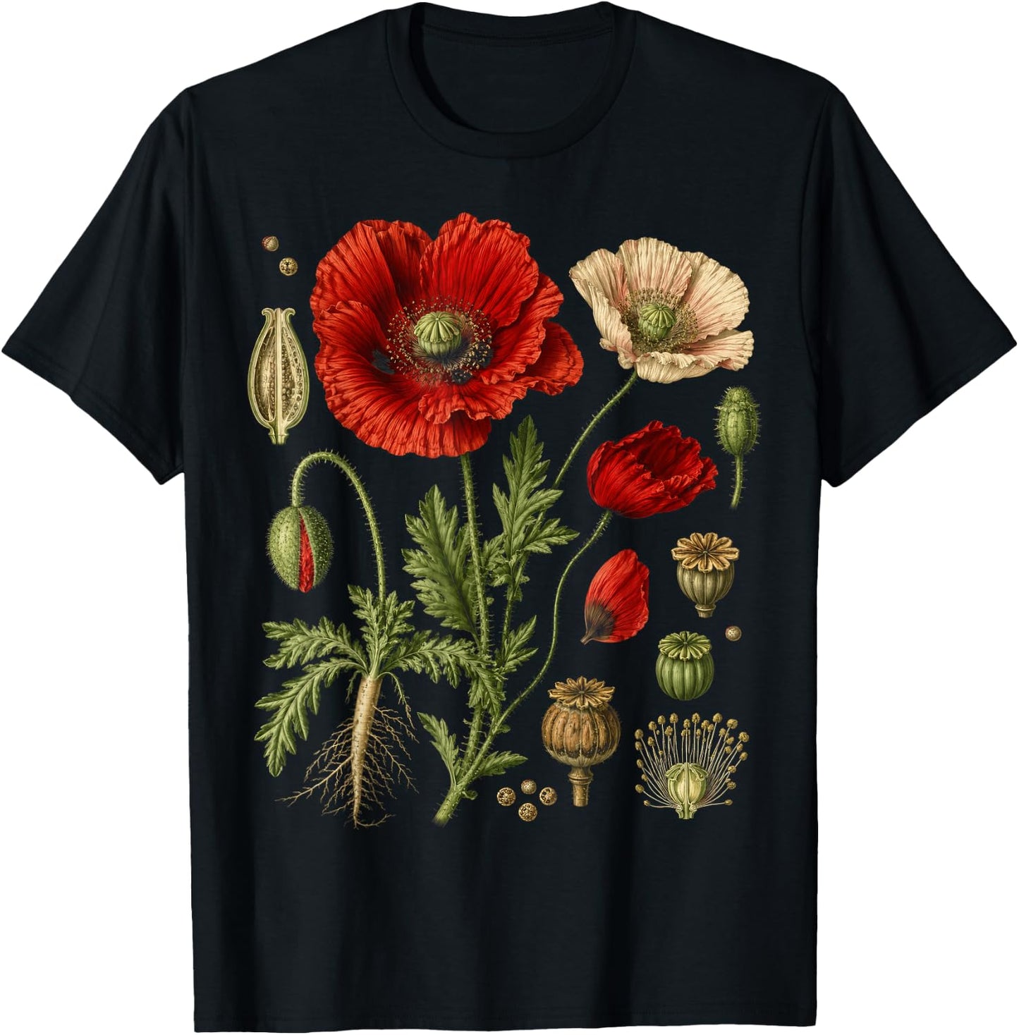 Vintage Botanical Red Poppy Flower Study T-Shirt - T-Shirt | Black
