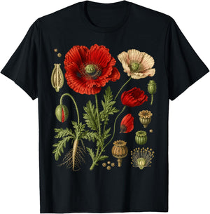 Vintage Botanical Red Poppy Flower Study T-Shirt - T-Shirt | Black