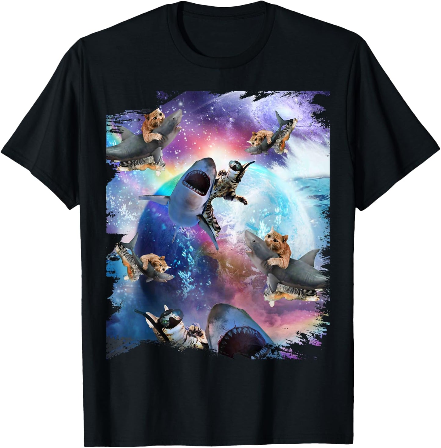 Space Cat Riding Shark Galaxy Rainbow Cats on Sharks Women Kids T-Shirt - T-Shirt | Black