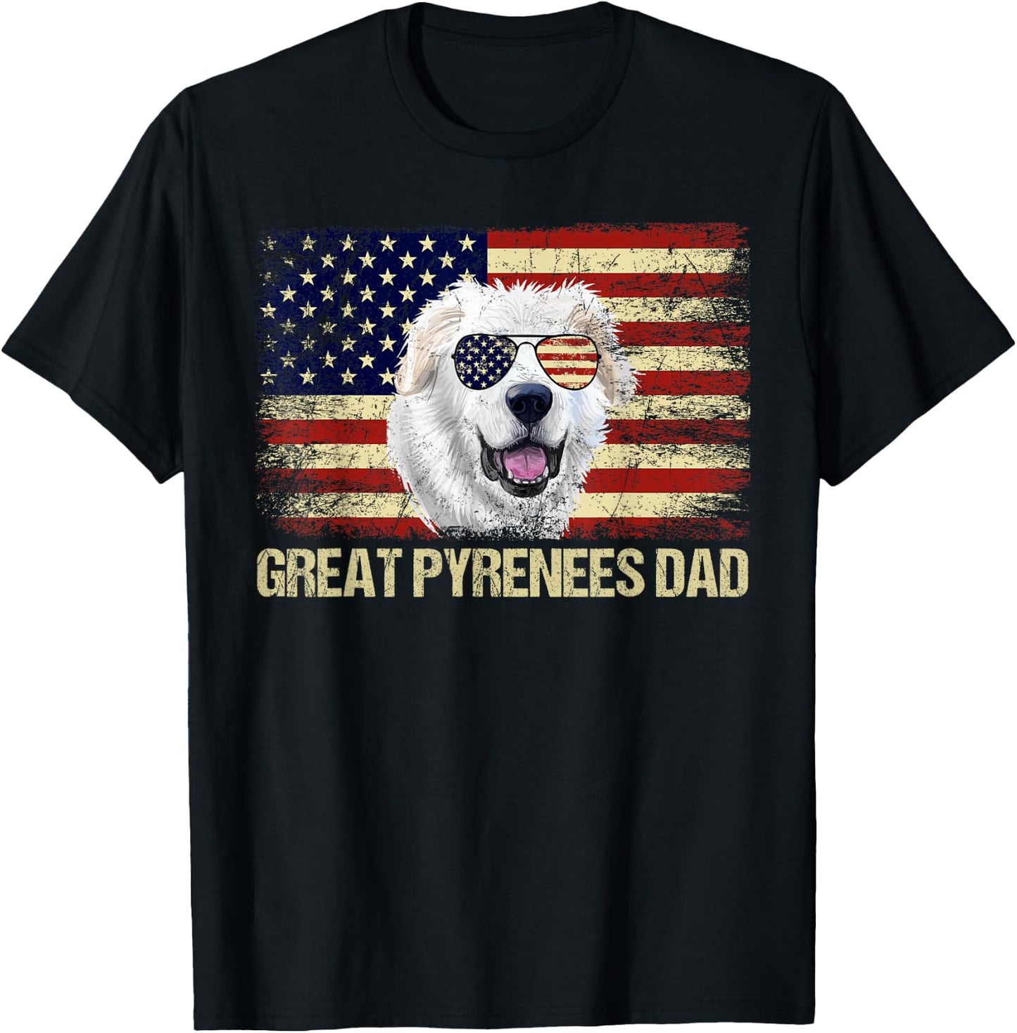 Vintage Great Pyrenees Dad American Flag USA 4th Of July Women Men T-Shirt - T-Shirt | Black