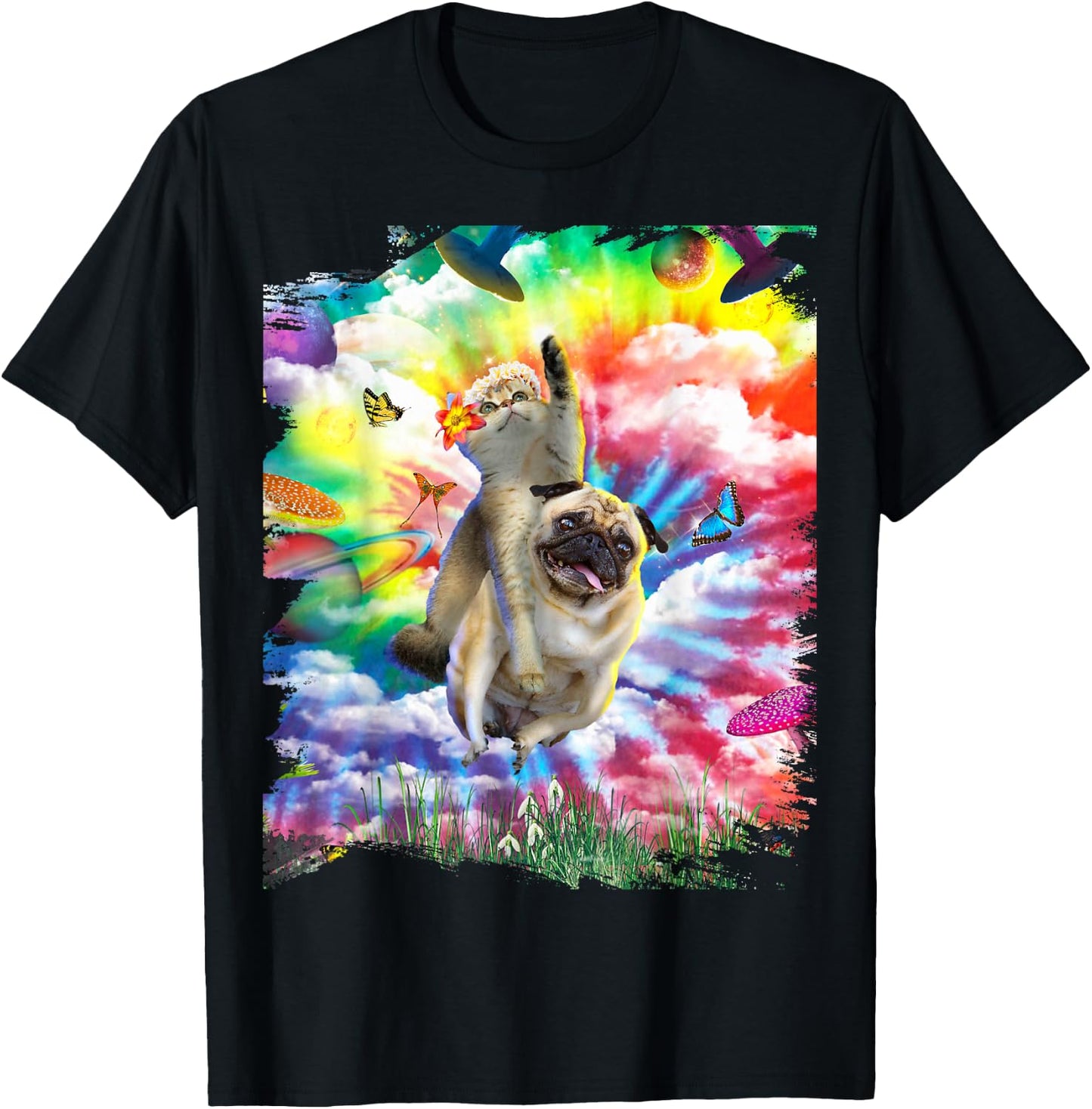 Cat Riding Pug Dog Trippy Tie Dye Men Women Girls Kids T-Shirt - T-Shirt | Black