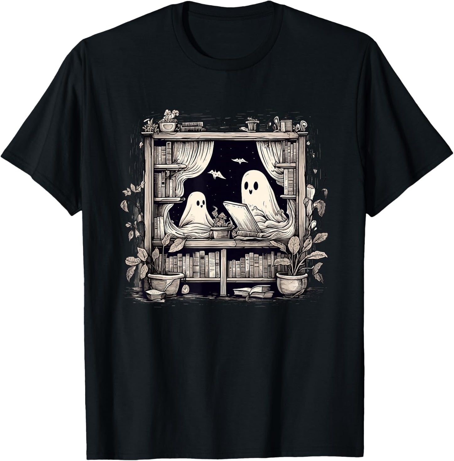 Spooky Ghosts Reading Books Library Bookworm Retro Bookish T-Shirt - T-Shirt | Black
