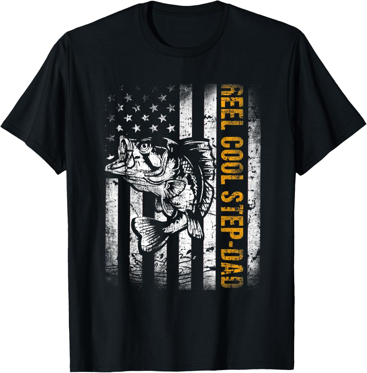 Reel Cool Step-Dad American Flag Fishing Fathers Day T-Shirt - T-Shirt | Black