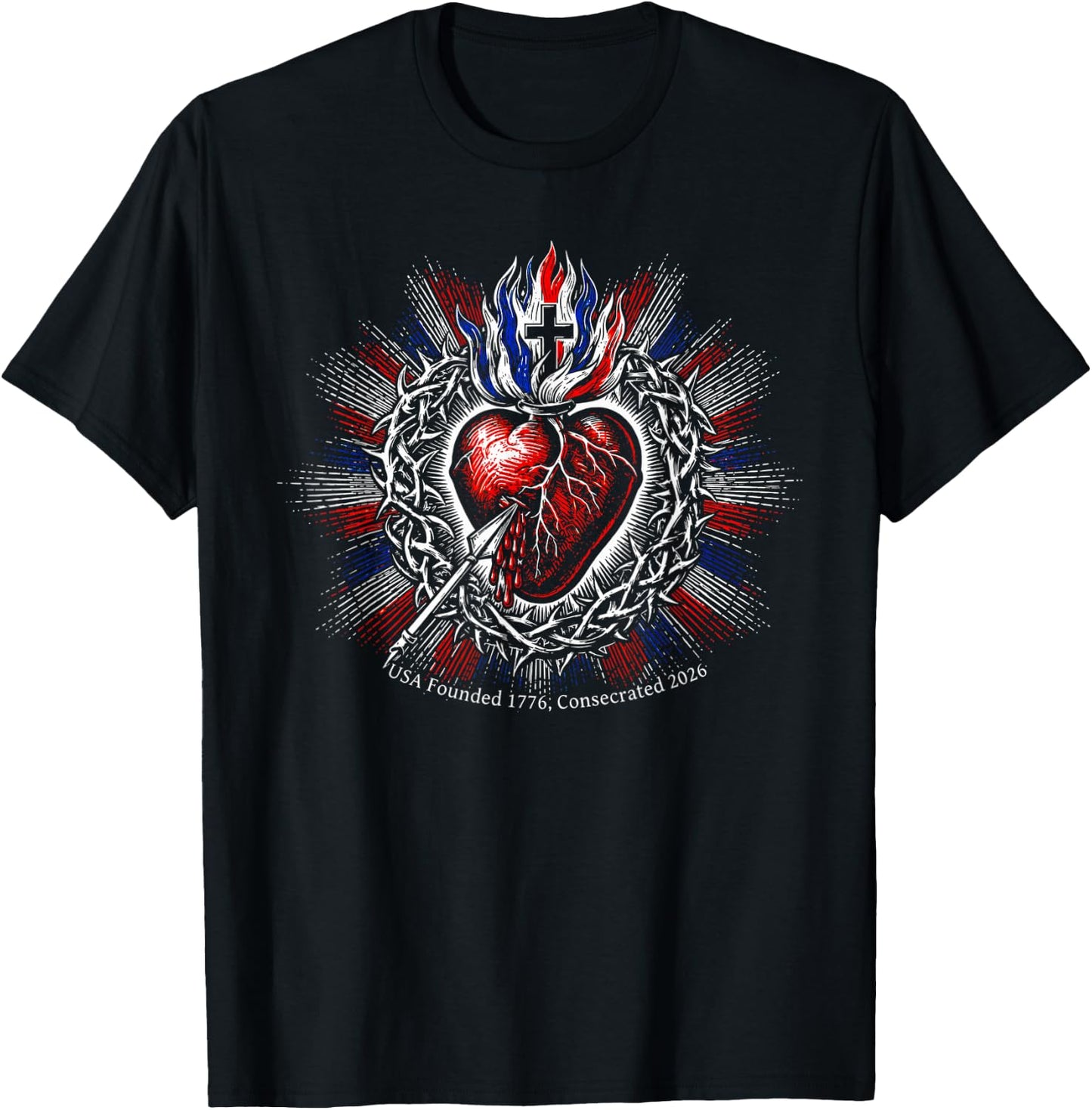 USA Founded 1776 Consecrated 2026 Holy Heart Catholic Art T-Shirt - T-Shirt | Black