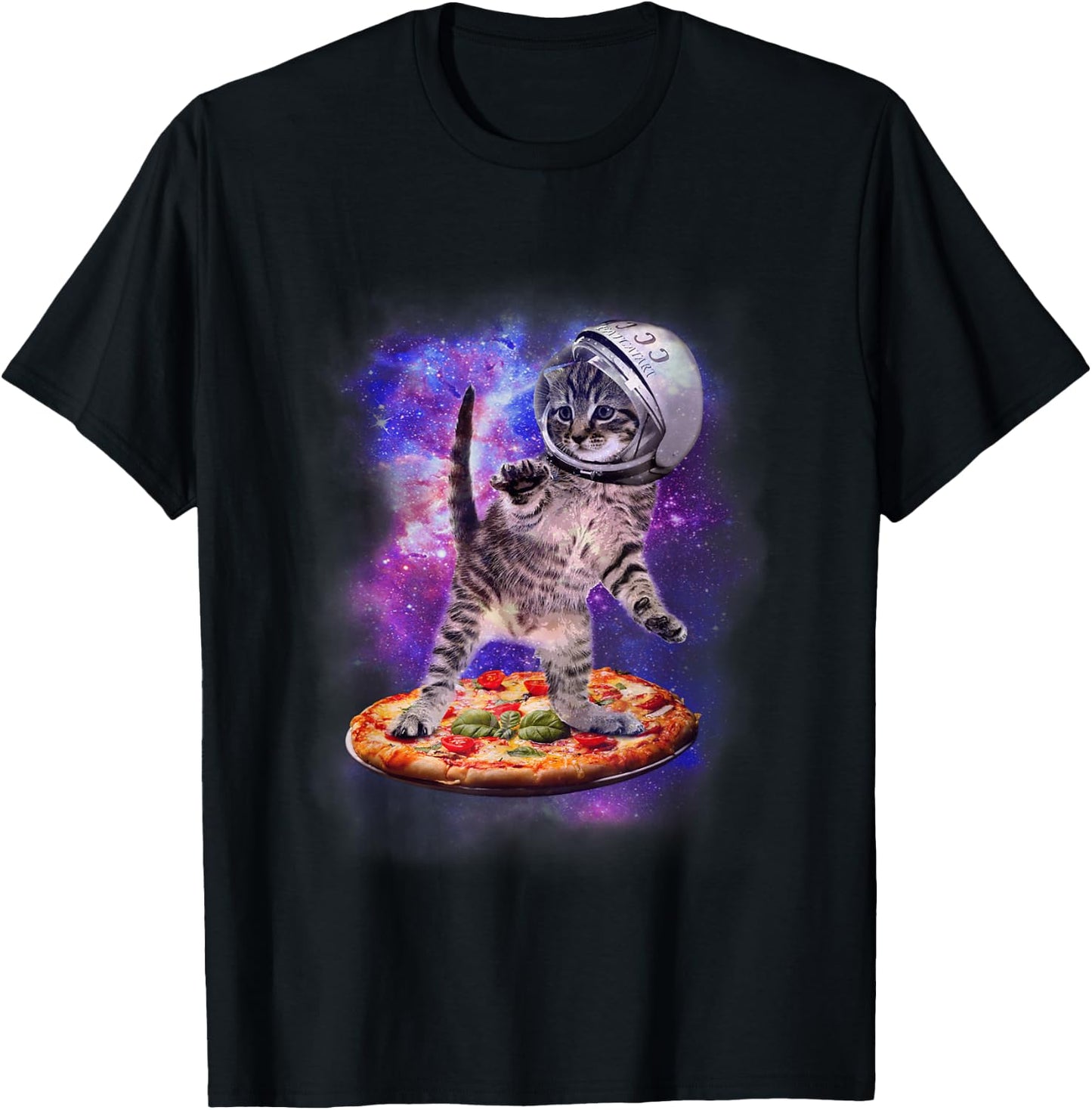 Funny Cat Flying A Pizza Astronaut Kitten Space T-Shirt - T-Shirt | Black