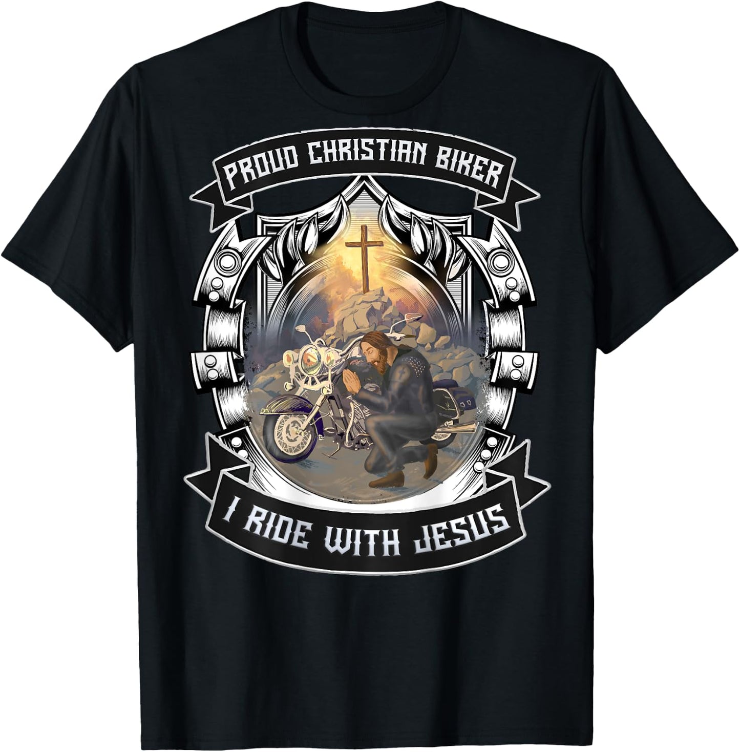 Christian Biker I Ride With Jesus Artwork Motorcycle Prayer T-Shirt - T-Shirt | Black