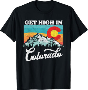 Get High in Colorado Retro State Flag Mountains Graphic T-Shirt - T-Shirt | Black