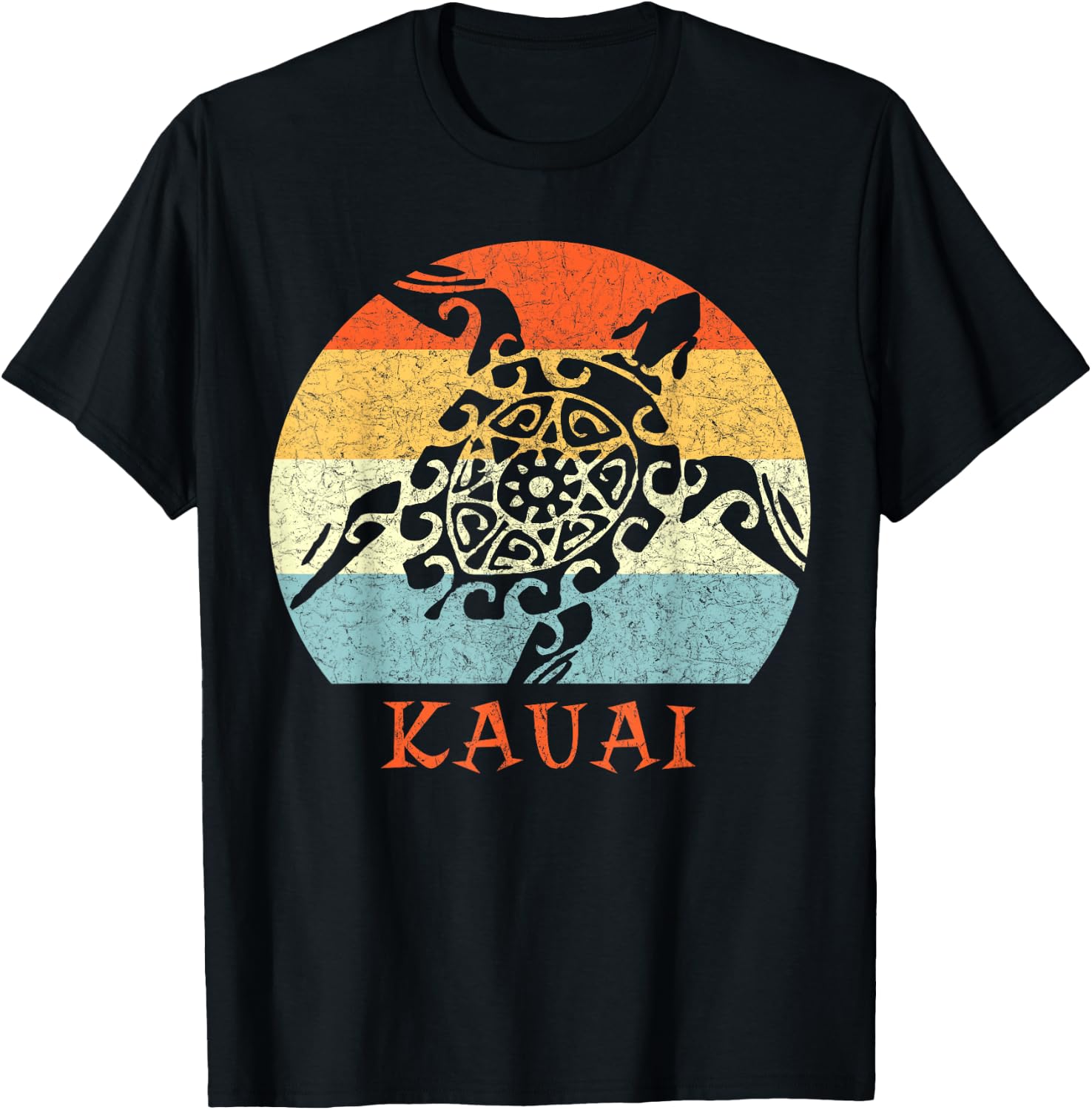 Kauai, Hawaii Vintage Retro Tribal Turtle Vacation T-Shirt - T-Shirt | Black