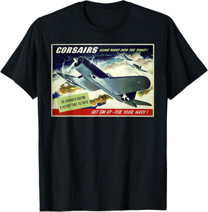 F4U Corsair US Warplane War Propaganda WW2 Poster Air Force T-Shirt - T-Shirt | Black