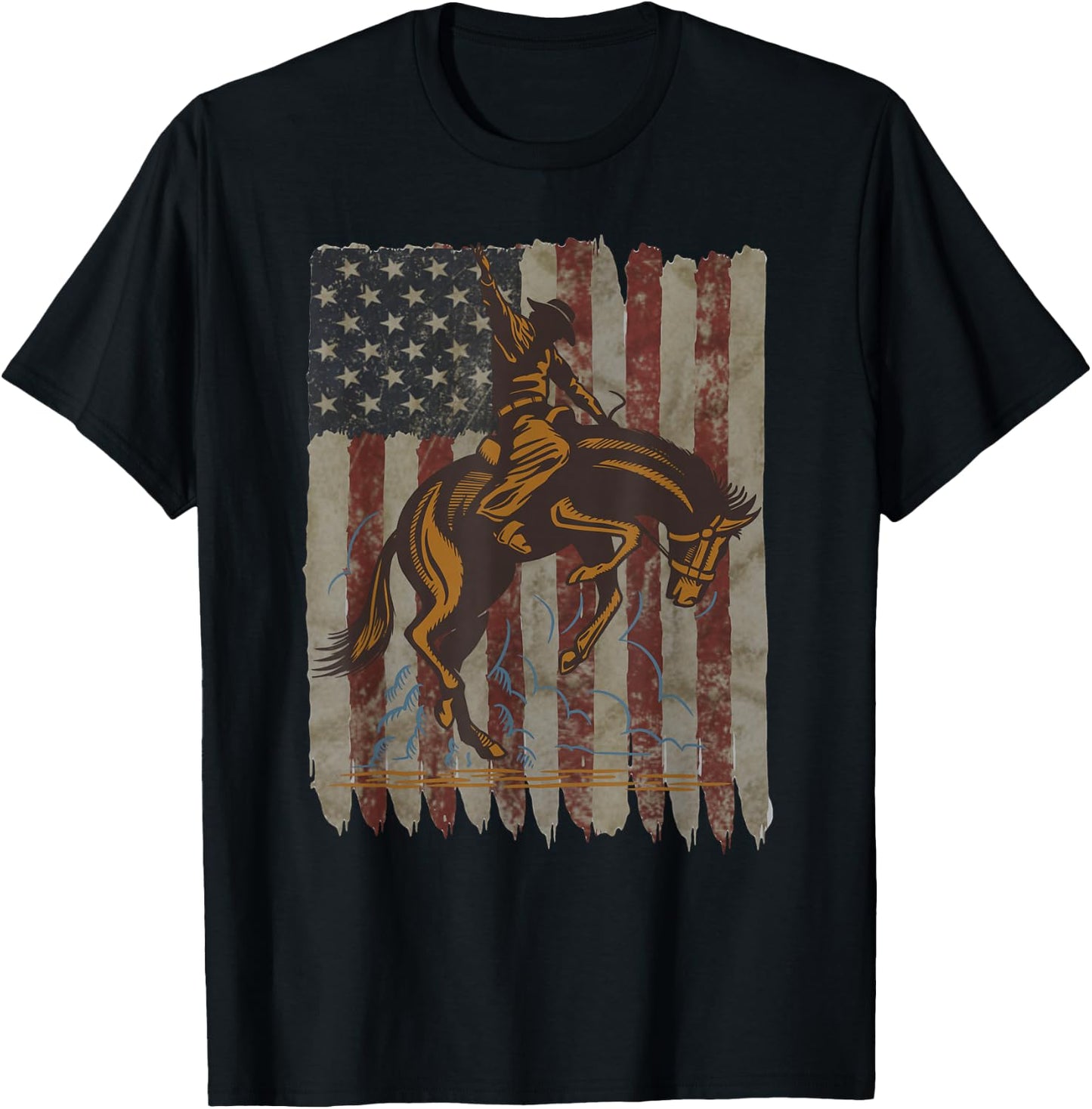 Patriotic Rodeo Bronc Rider American Flag Cowboys Riding T-Shirt - T-Shirt | Black