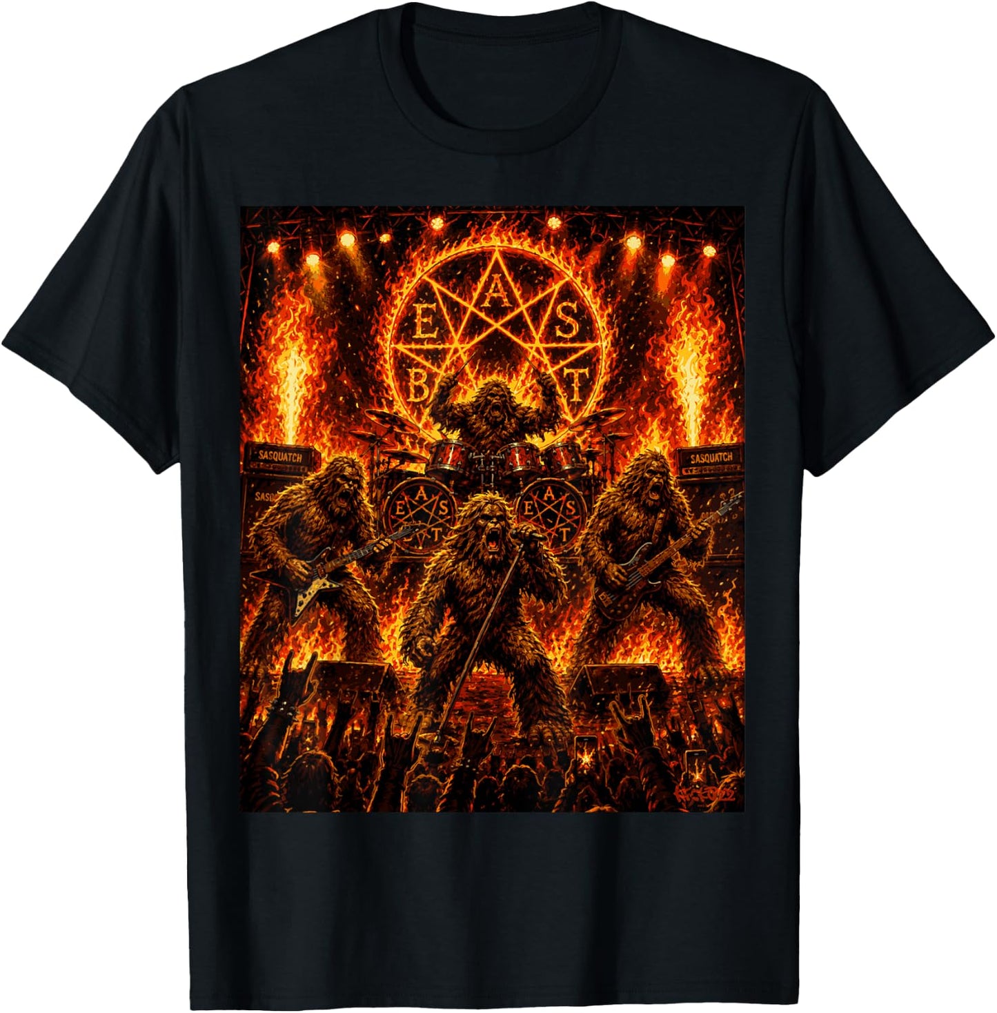 Bigfoot Heavy Metalband Beast - Sasquatch Rock Concert Comic T-Shirt - T-Shirt | Black