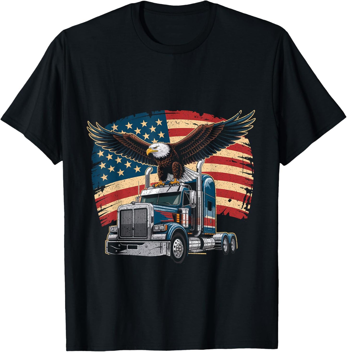 Trucker Patriotic American Flag Semi Truck Driver Eagle T-Shirt - T-Shirt | Black