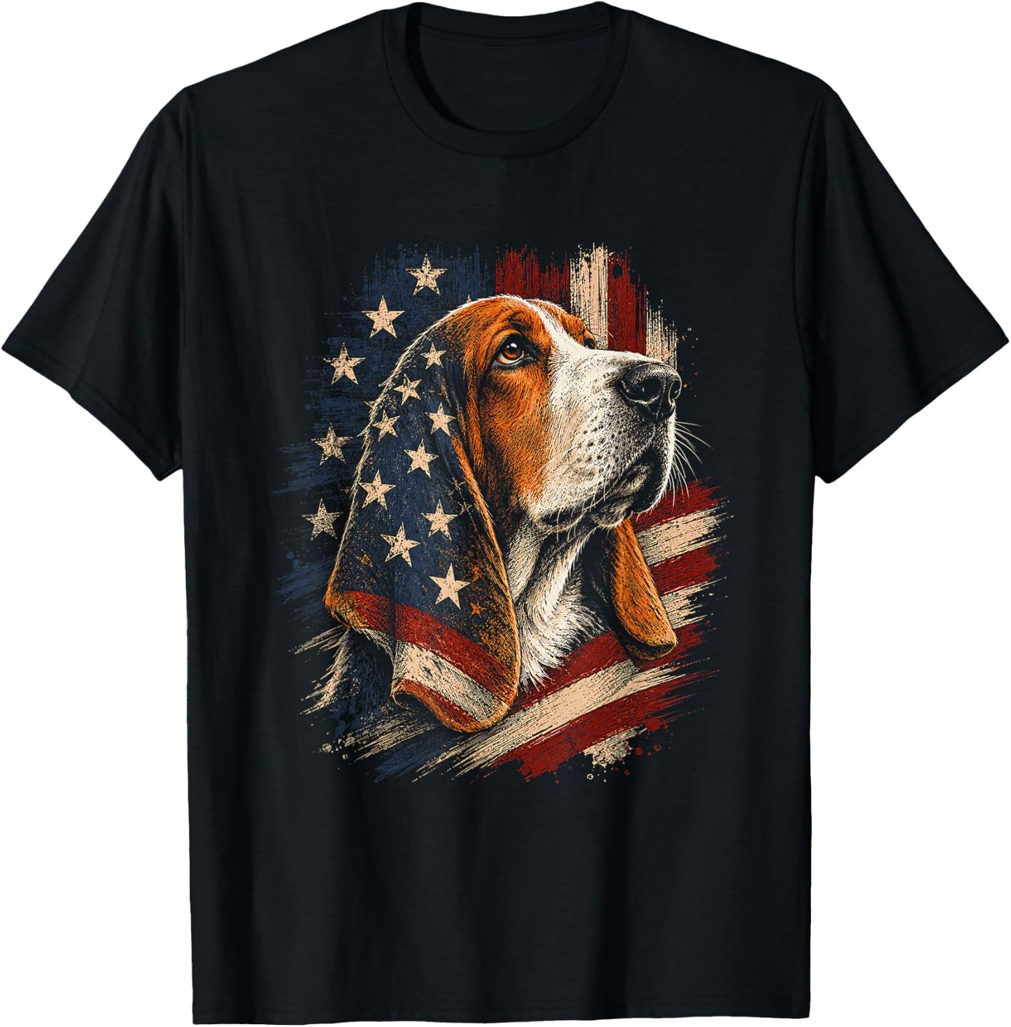 American Flag Basset Hound Artwork Design T-Shirt - T-Shirt | Black
