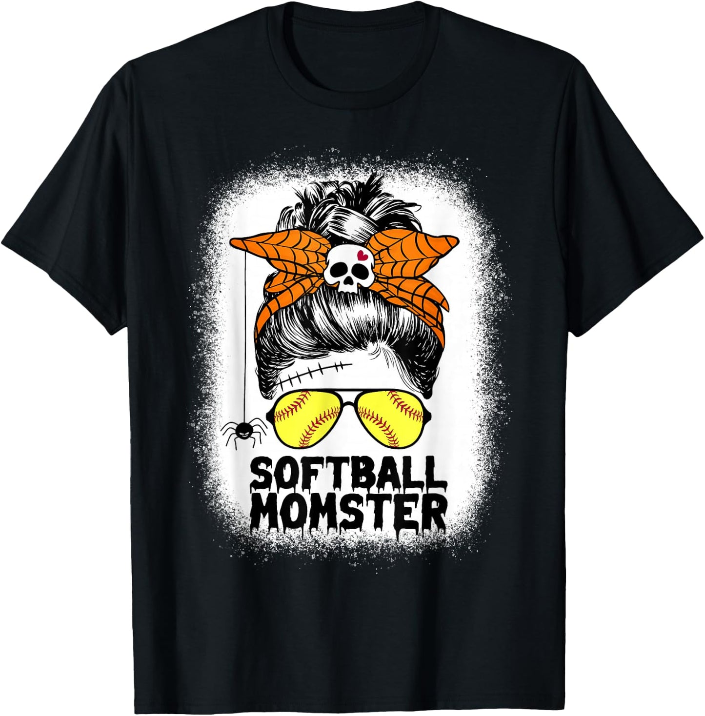 Softball Mom Life Messy Bun Halloween Women Softball Momster T-Shirt - T-Shirt | Black