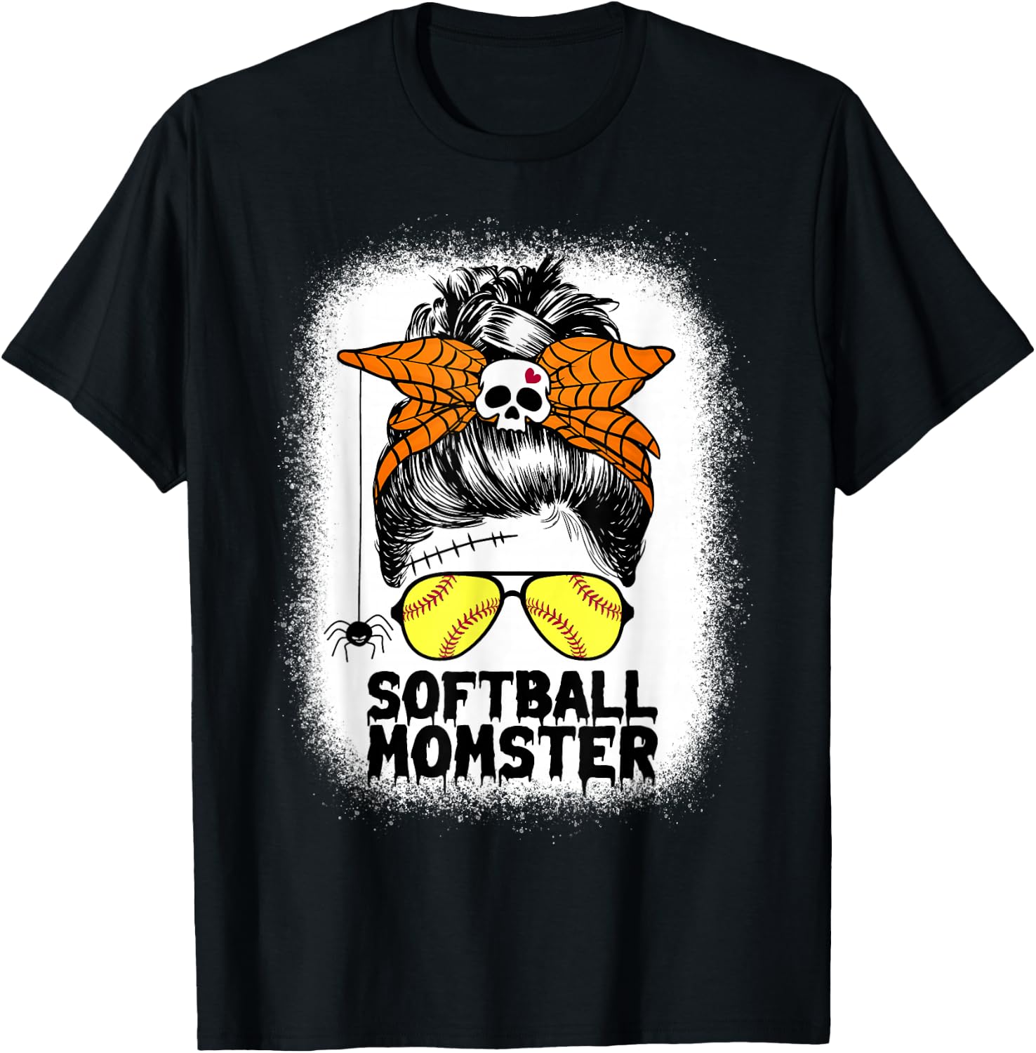 Softball Mom Life Messy Bun Halloween Women Softball Momster T-Shirt - T-Shirt | Black