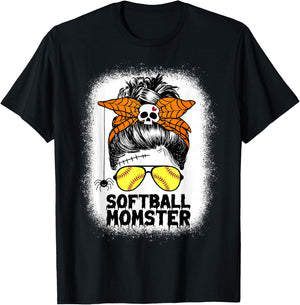 Softball Mom Life Messy Bun Halloween Women Softball Momster T-Shirt - T-Shirt | Black