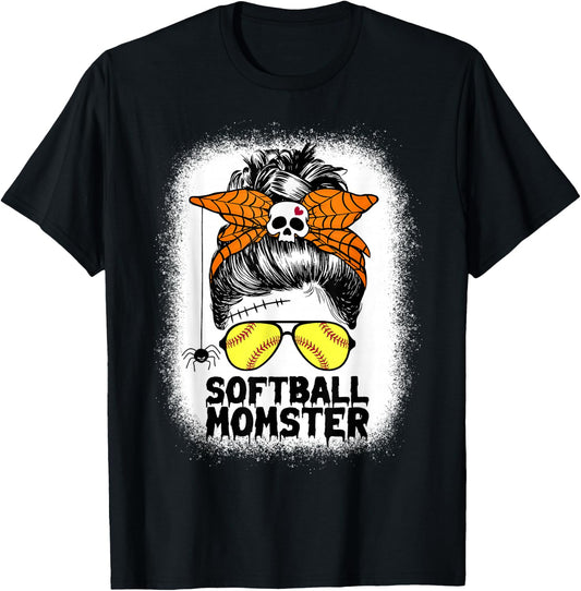 Softball Mom Life Messy Bun Halloween Women Softball Momster T-Shirt - T-Shirt | Black
