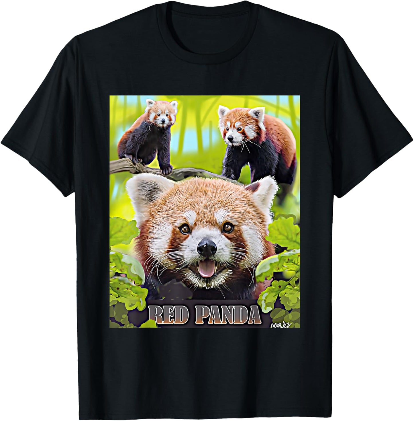 Cute Red Panda In The Wild Montage Illustrated T-Shirt - T-Shirt | Black