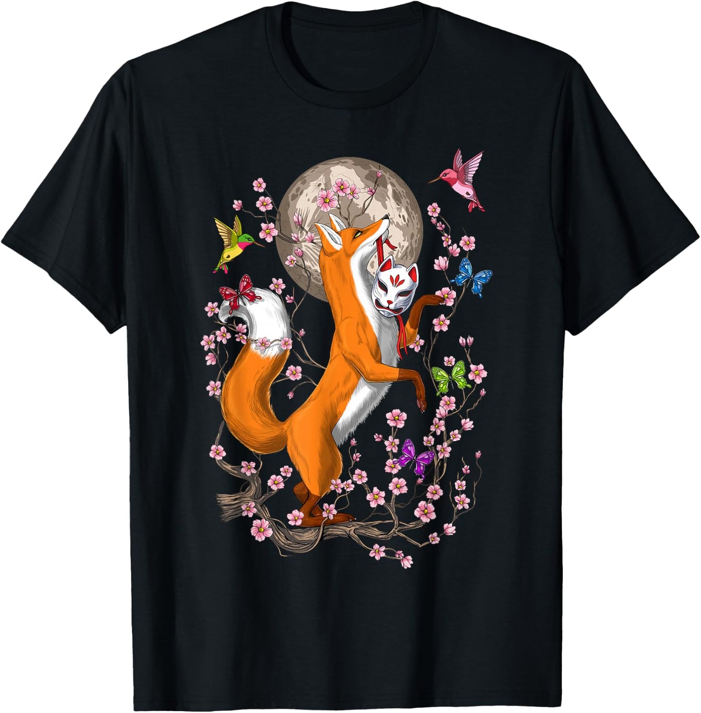 Japanese Fox Kitsune Nine Tailed Fox Cherry Blossom Small T-Shirt - T-Shirt | Black